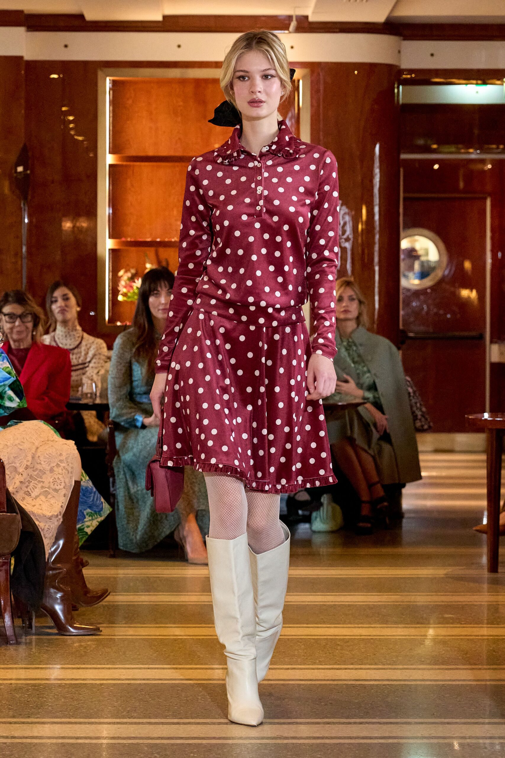 red silk long-sleeve collared fitted polka-dot tiered dress