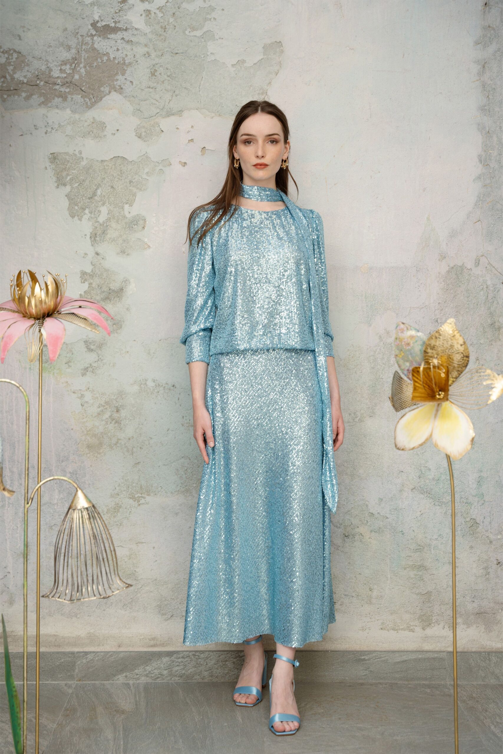 blue silk long-sleeve high-neck fitted sequined tiered dress