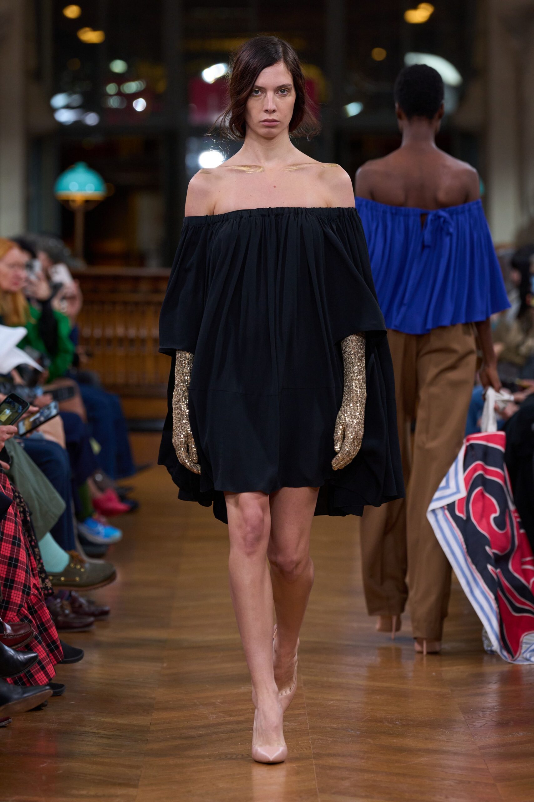 black cotton sleeveless off-shoulder relaxed draped short dress