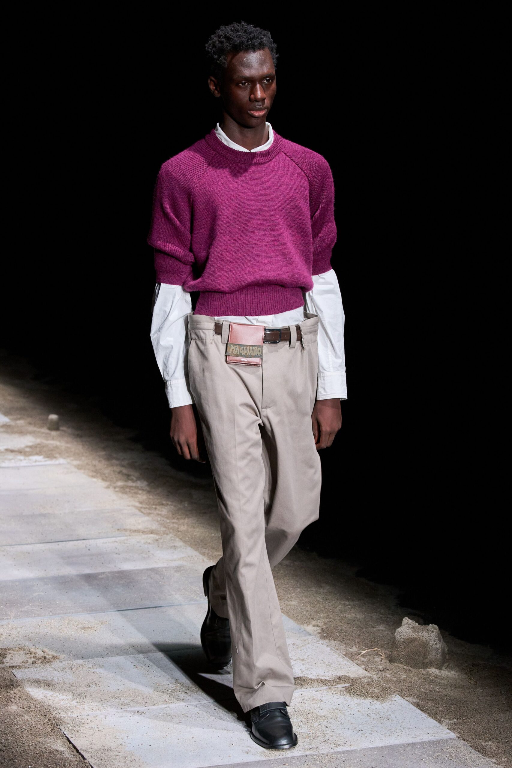 purple wool short-sleeve collared relaxed sweater