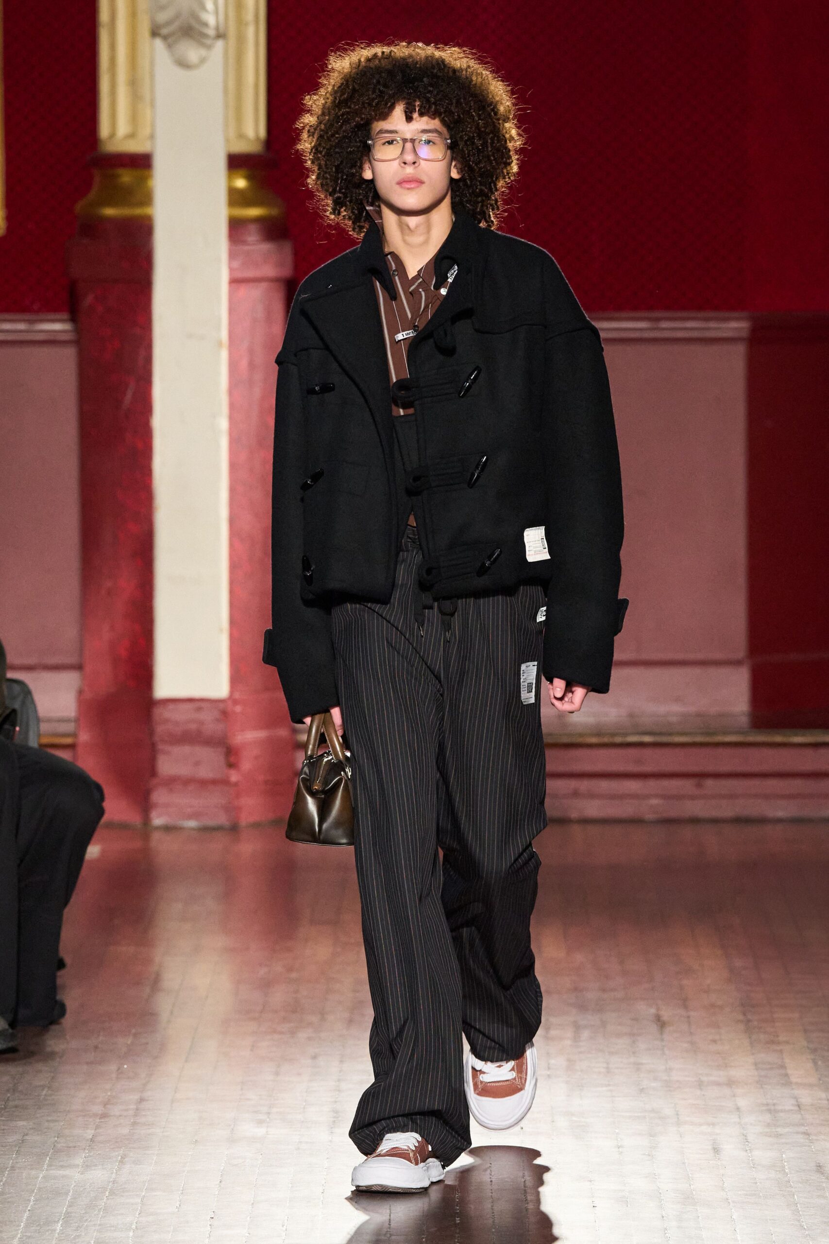 black wool relaxed jacket with striped pants