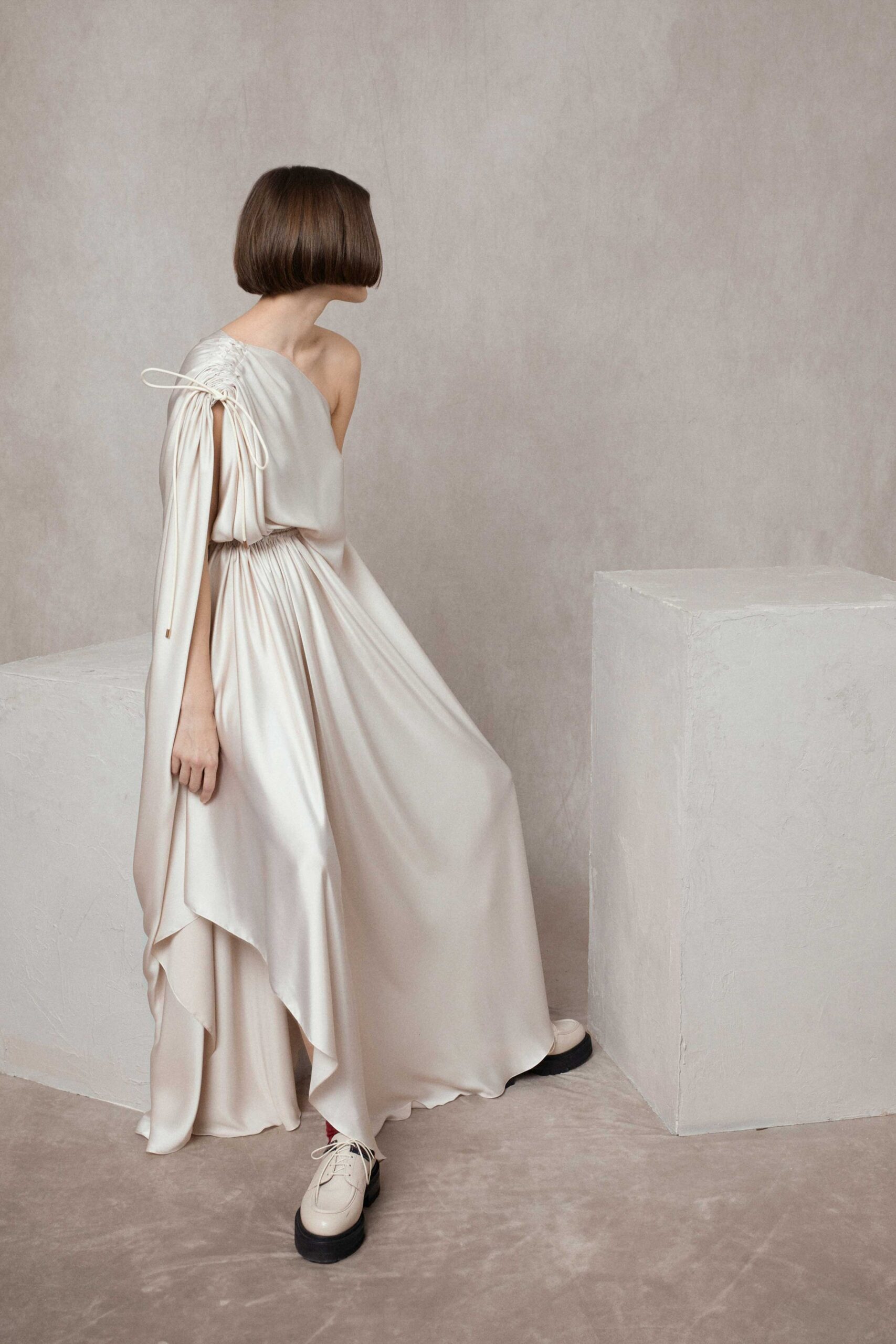 ivory silk draped gown with shoes