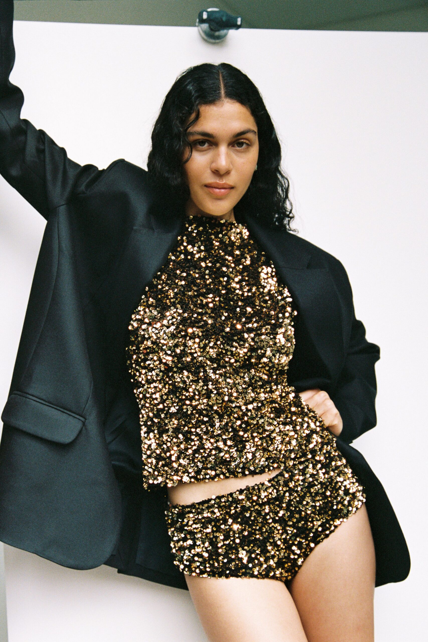 gold sequin sleeveless high-neck fitted shiny top