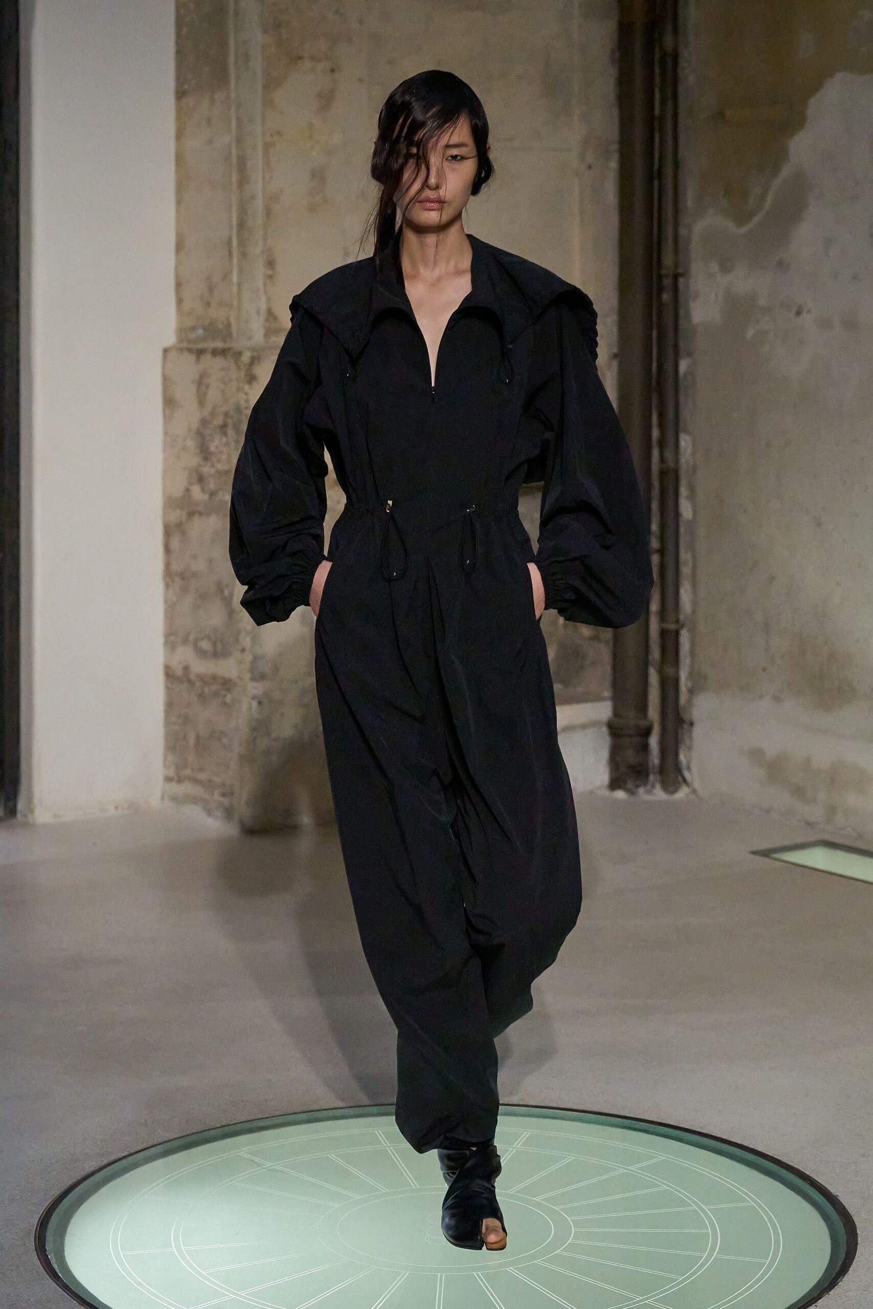 black cotton long-sleeve collared relaxed zippered pockets jumpsuit