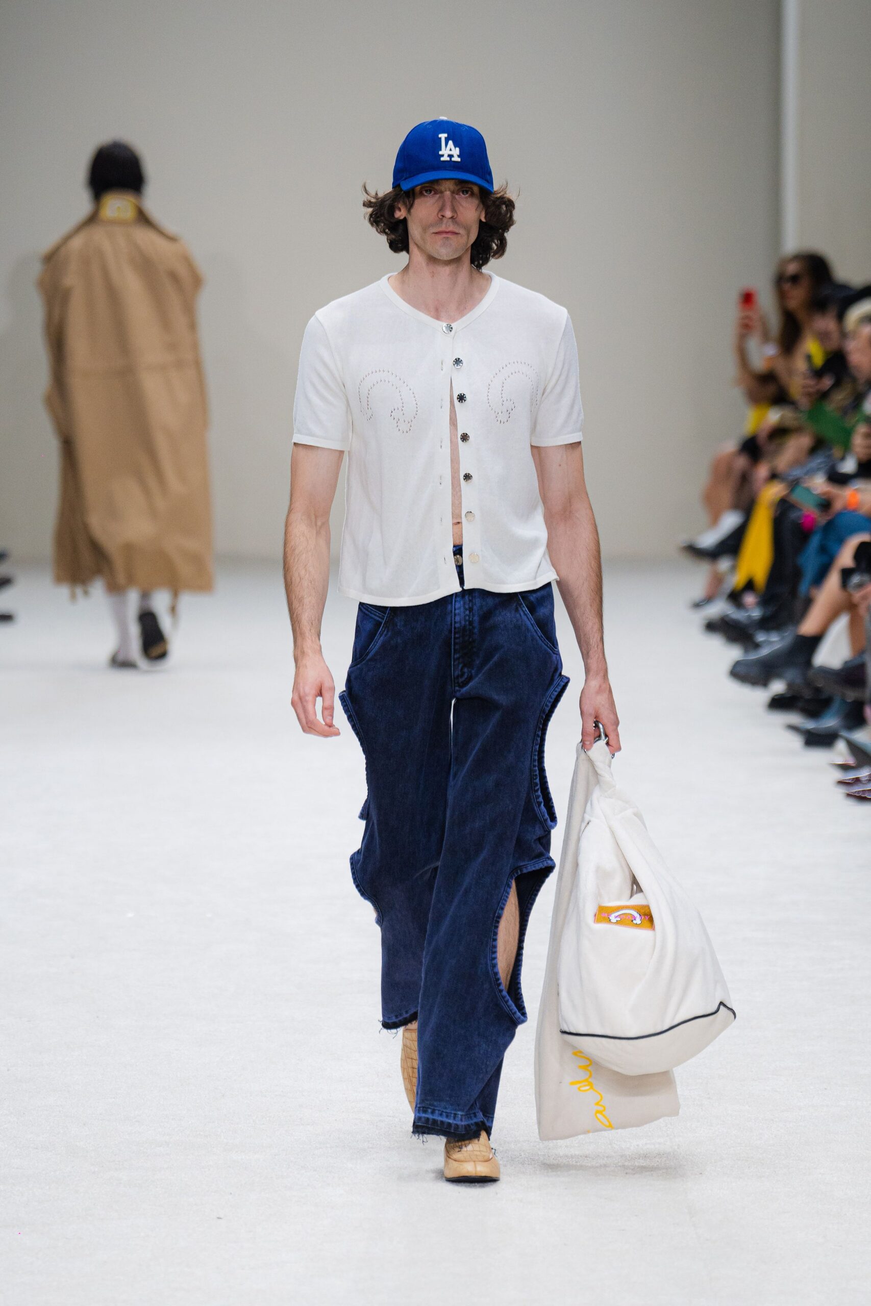 white shirt blue pants