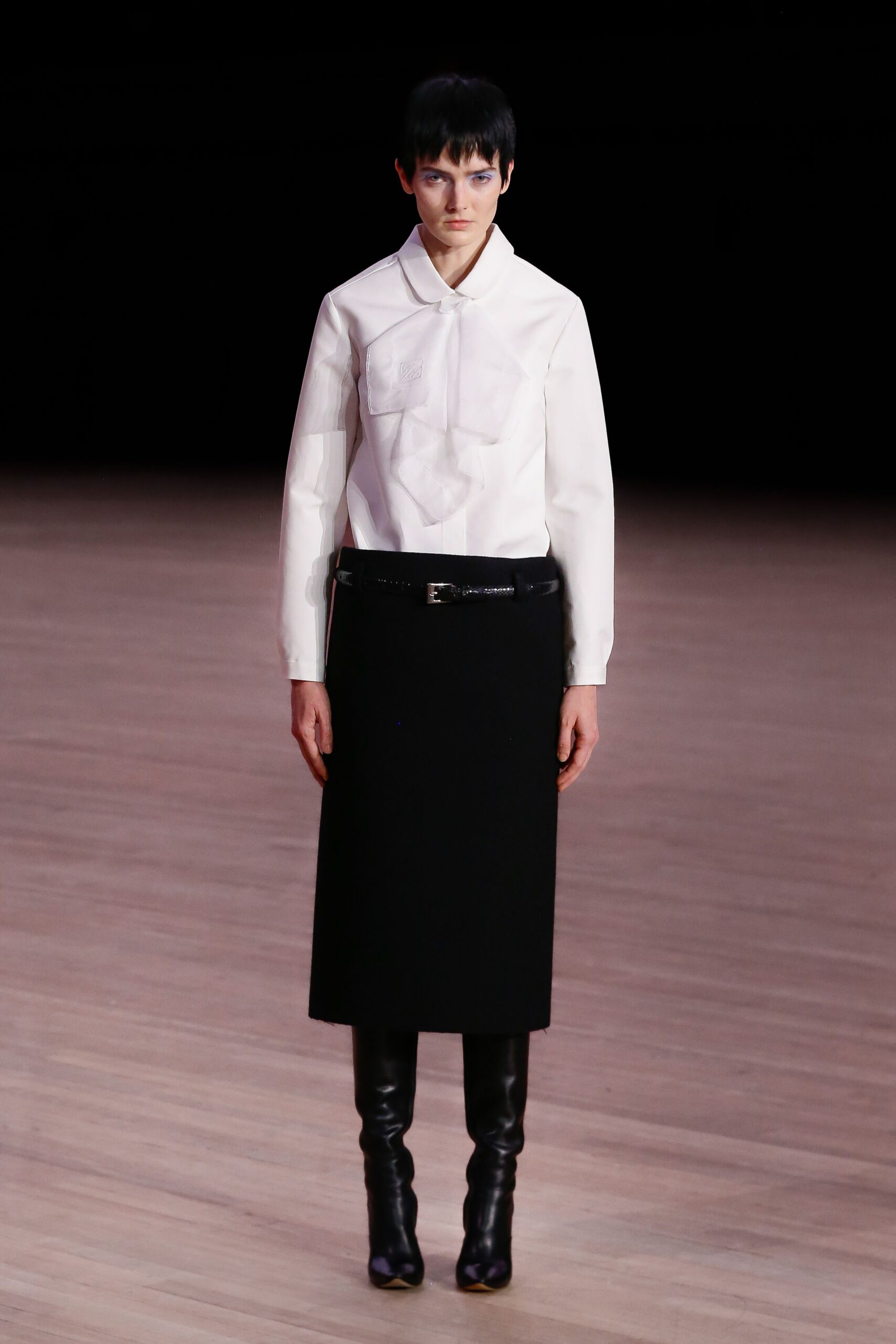 white fitted shirt black midi skirt