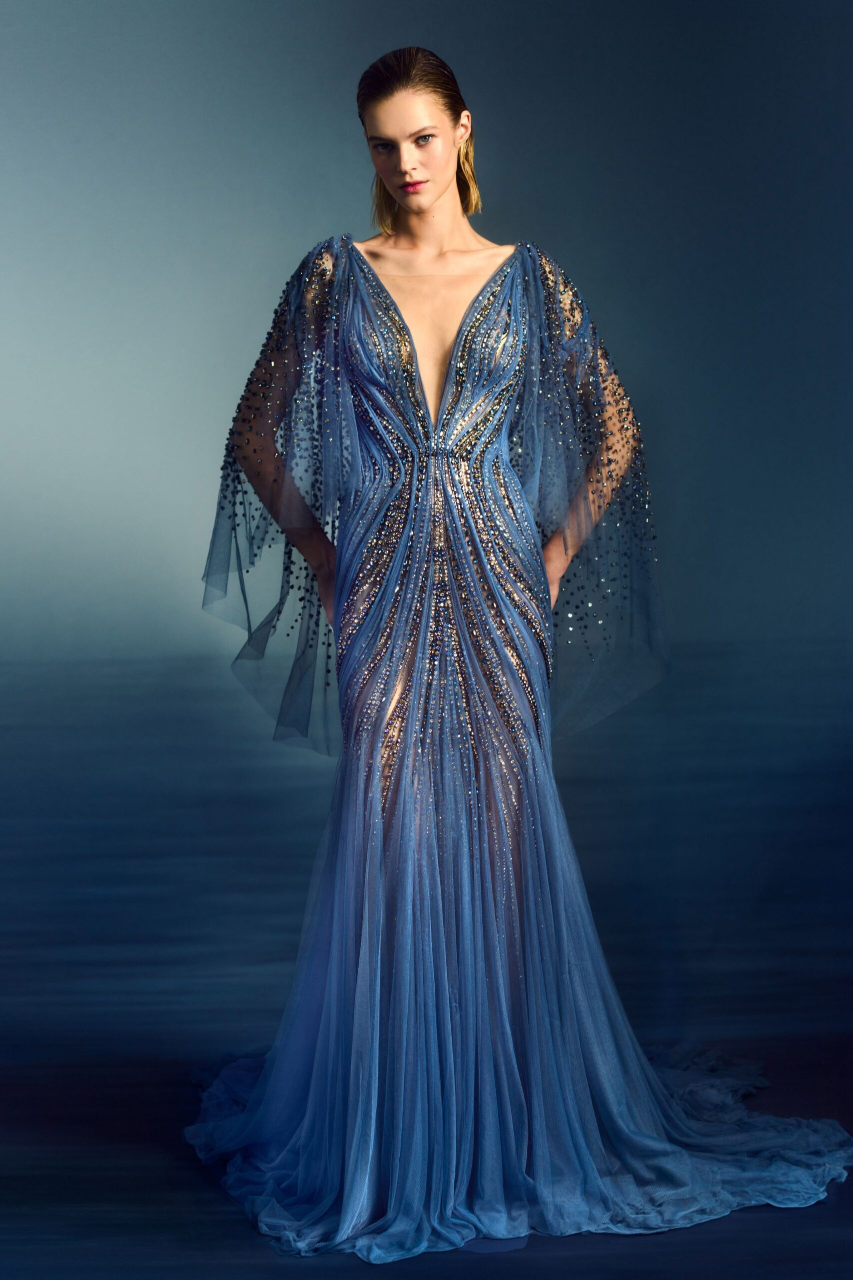 blue silk beaded gown