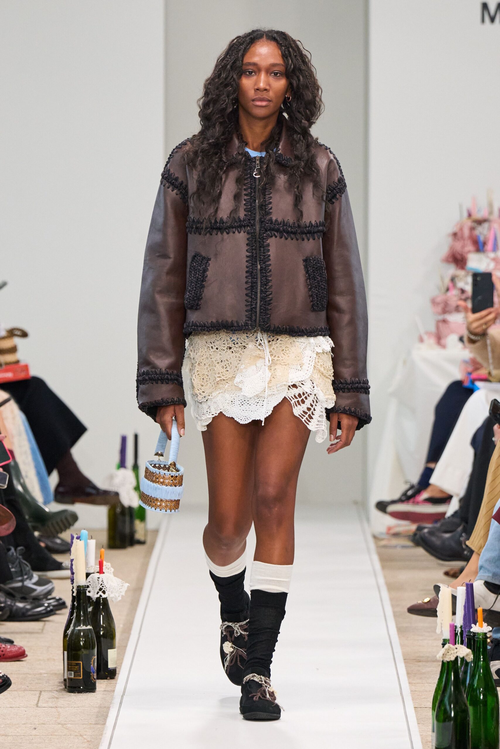 brown leather long-sleeve relaxed embroidered jacket