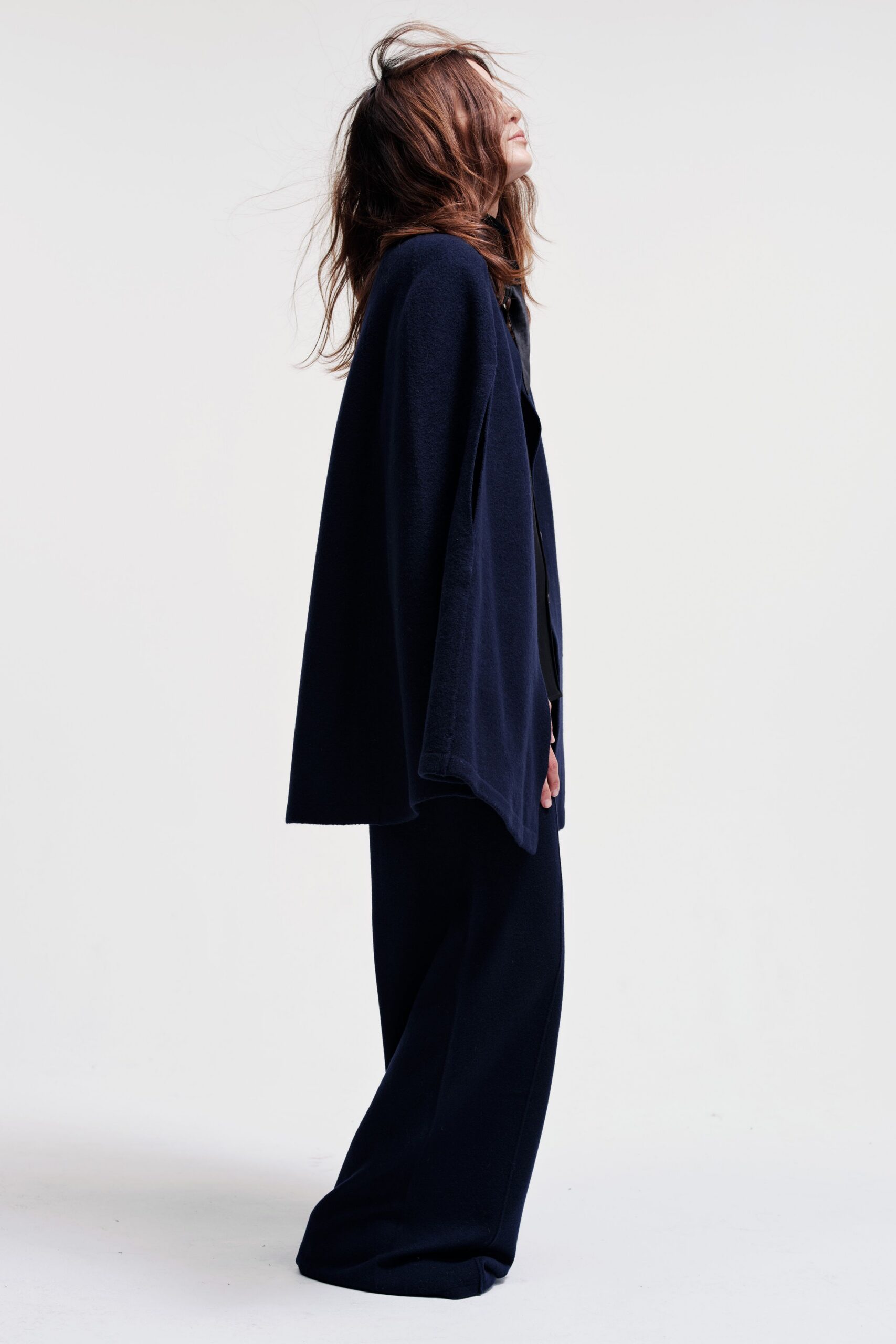 black wool relaxed cape and pants