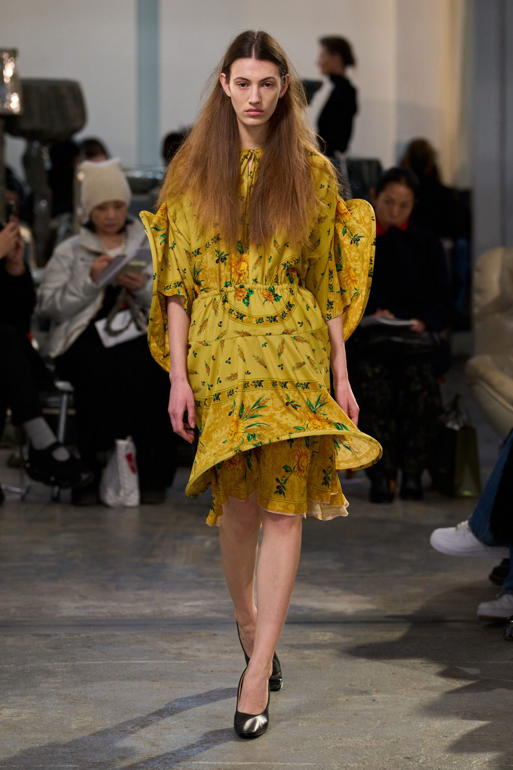 yellow silk long-sleeve v-neck relaxed flared embroidered dress