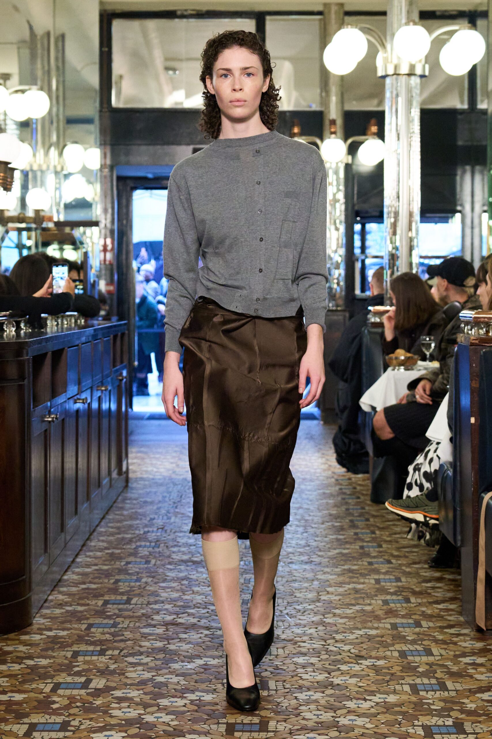 gray shirt brown pencil skirt