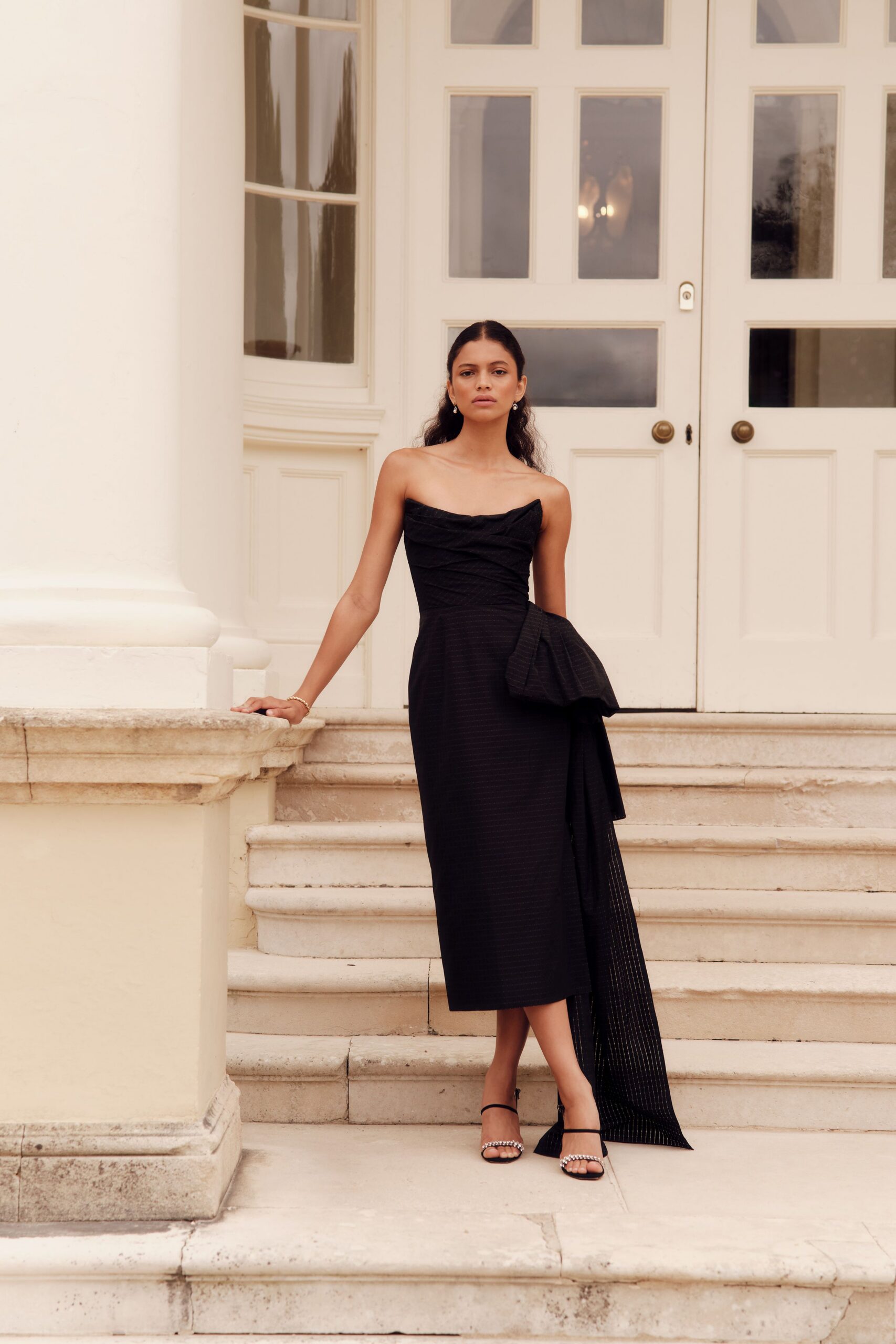 black strapless midi dress