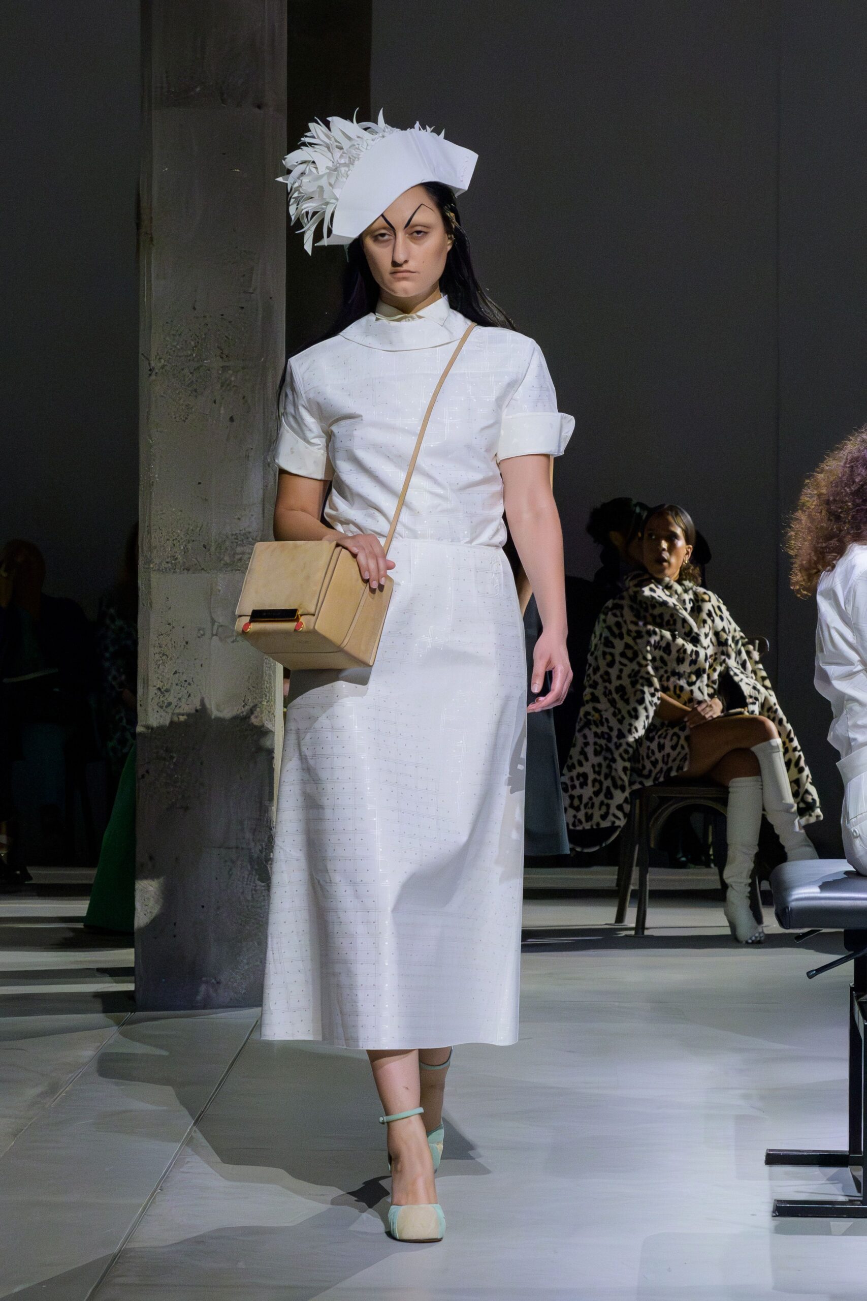 white cotton short-sleeve collared fitted straight-leg midi dress