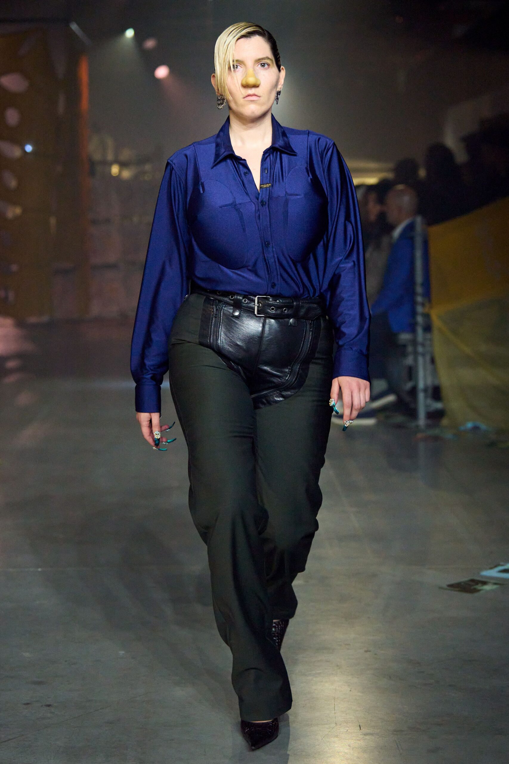blue silk shirt black leather pants