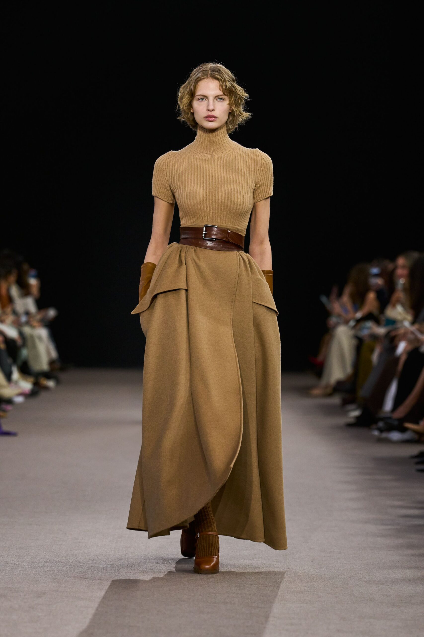 brown wool relaxed high-waisted pleated maxi skirt
