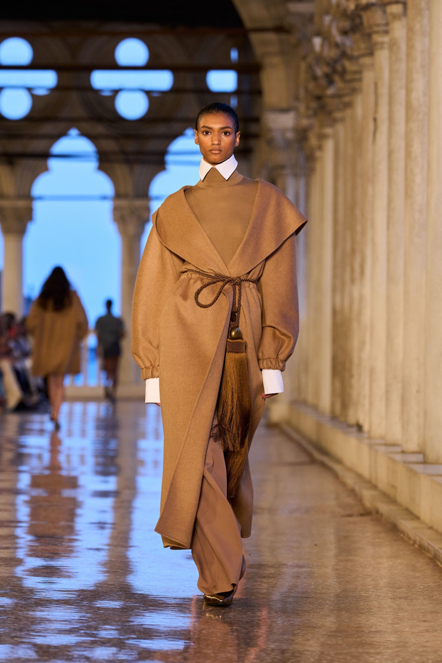 brown wool coat with beige pants