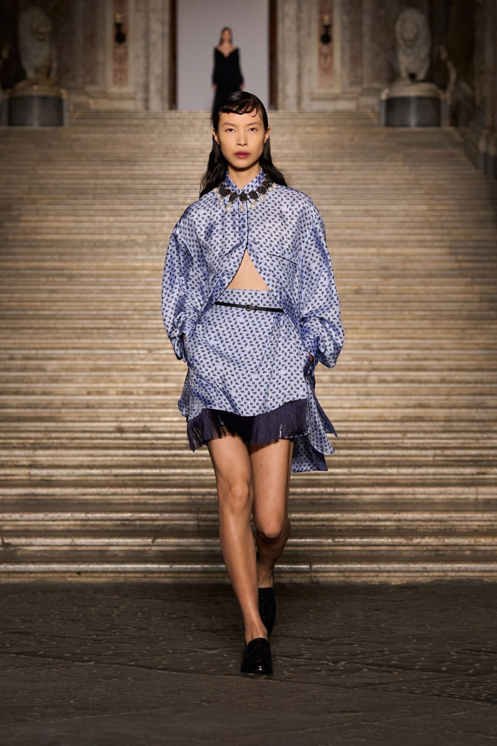 blue printed top with mini skirt