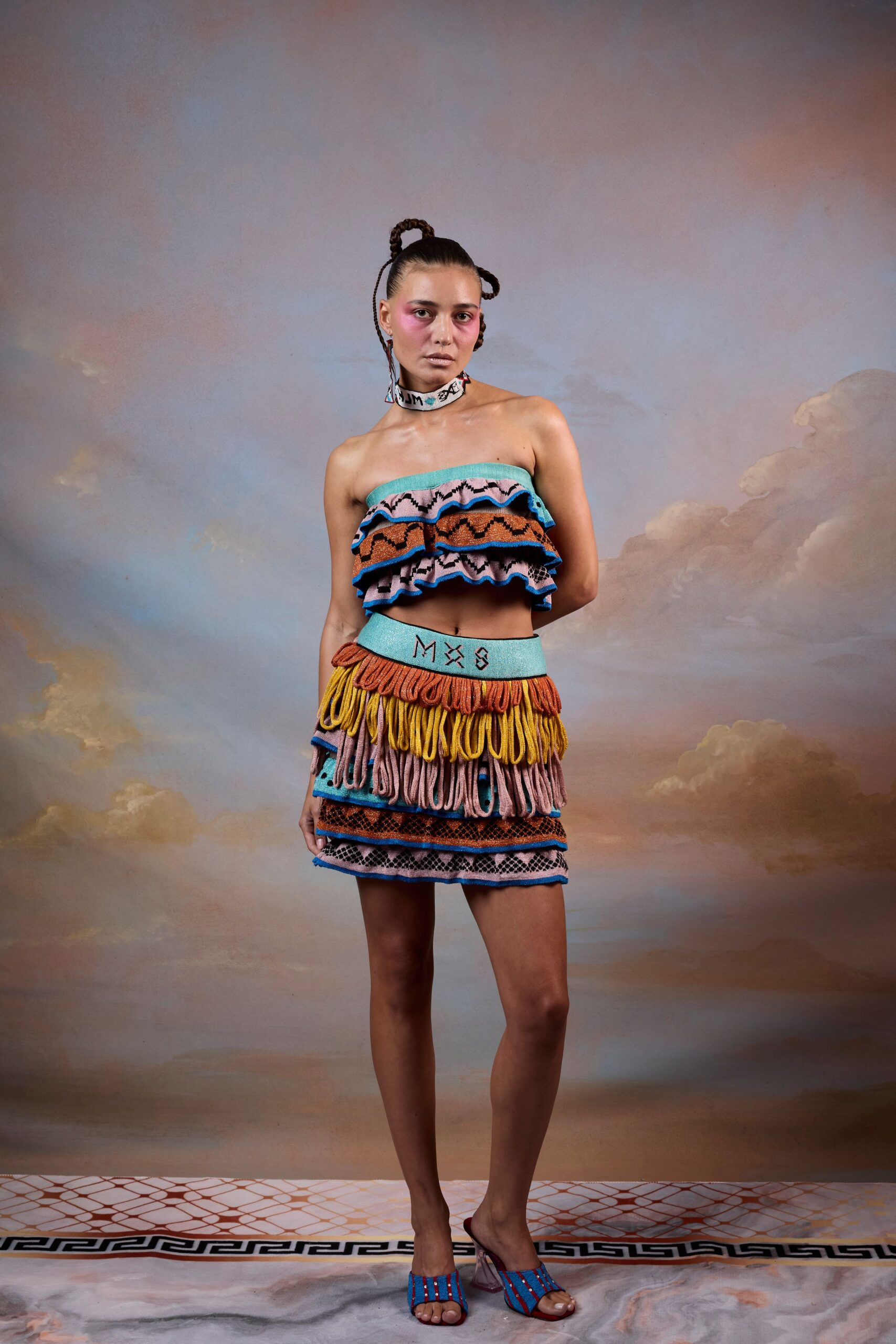 multi cotton fitted tiered mini skirt