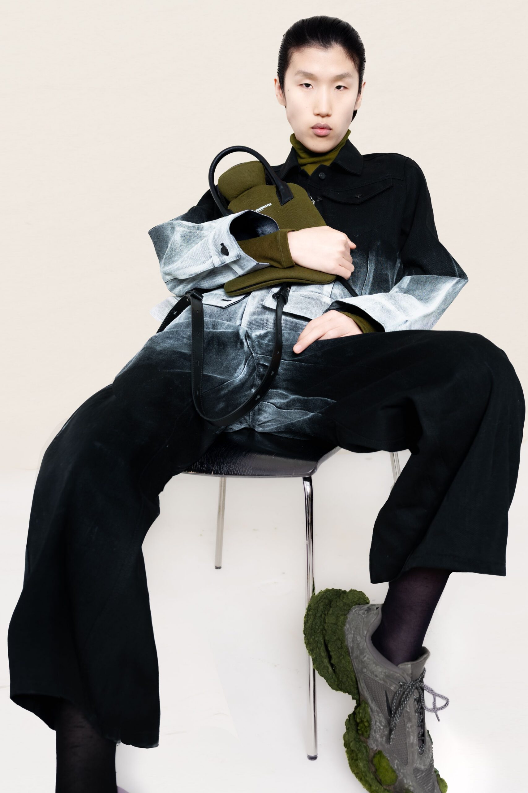 black cotton long-sleeve collared relaxed color-blocked jumpsuit