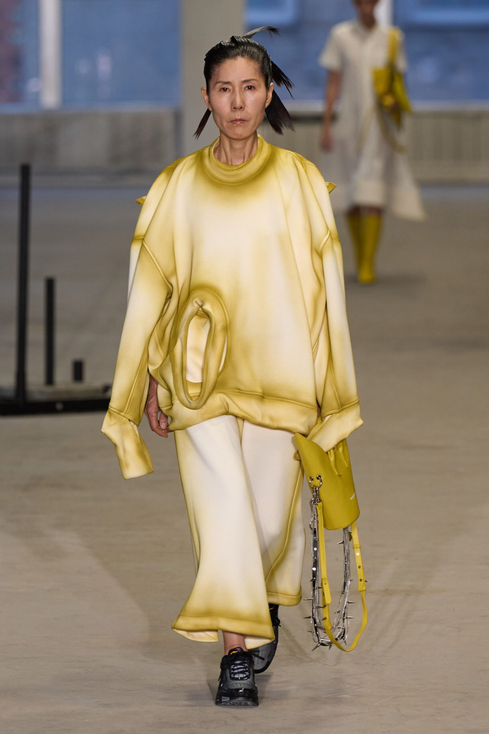 yellow cotton long-sleeve oversized draped cropped sweater