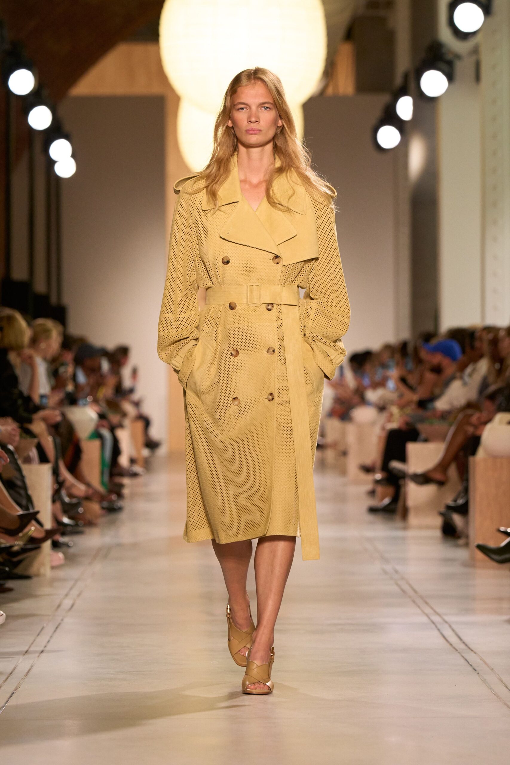 yellow cotton long-sleeve collared relaxed belted textured trench