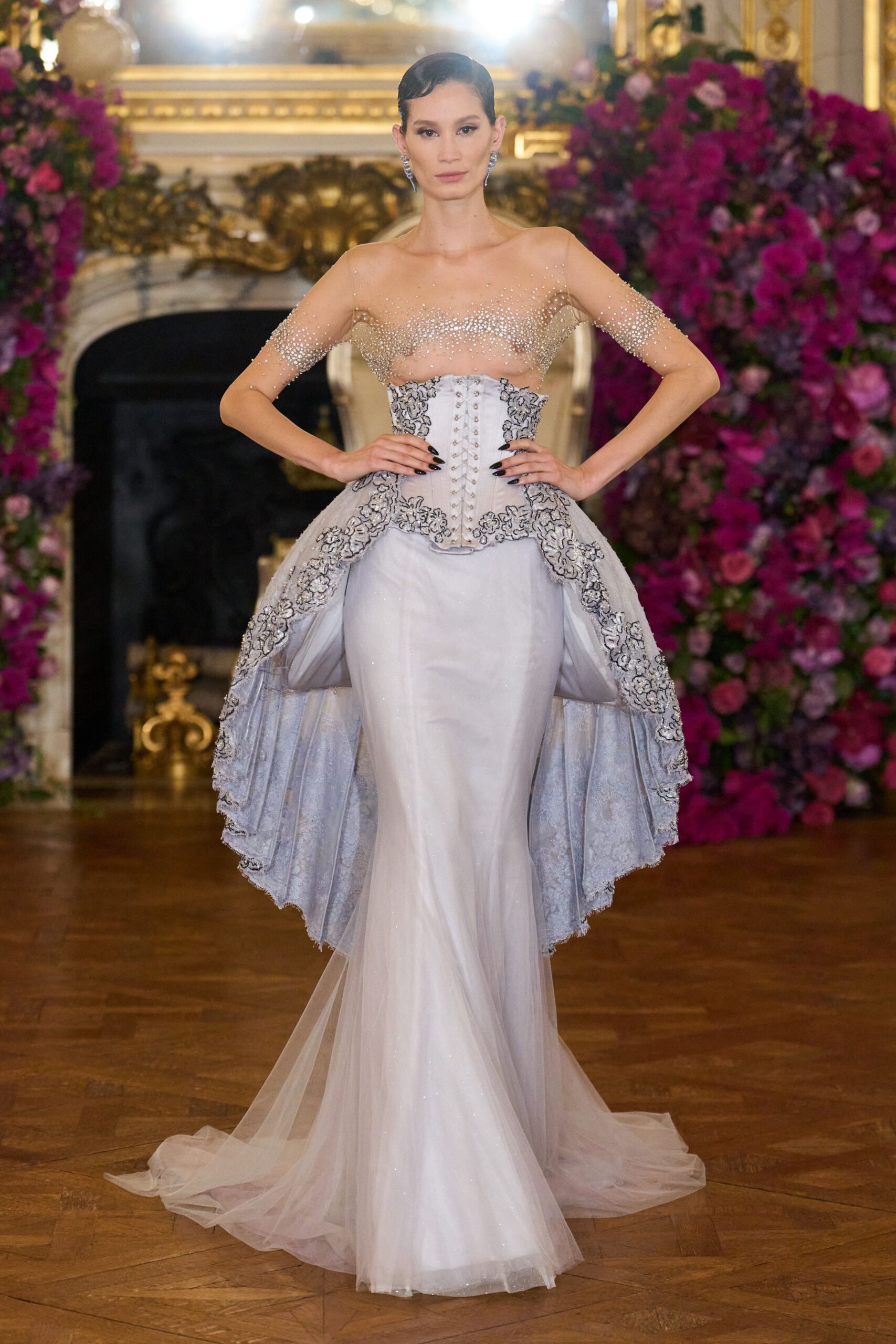 white and gray embroidered gown
