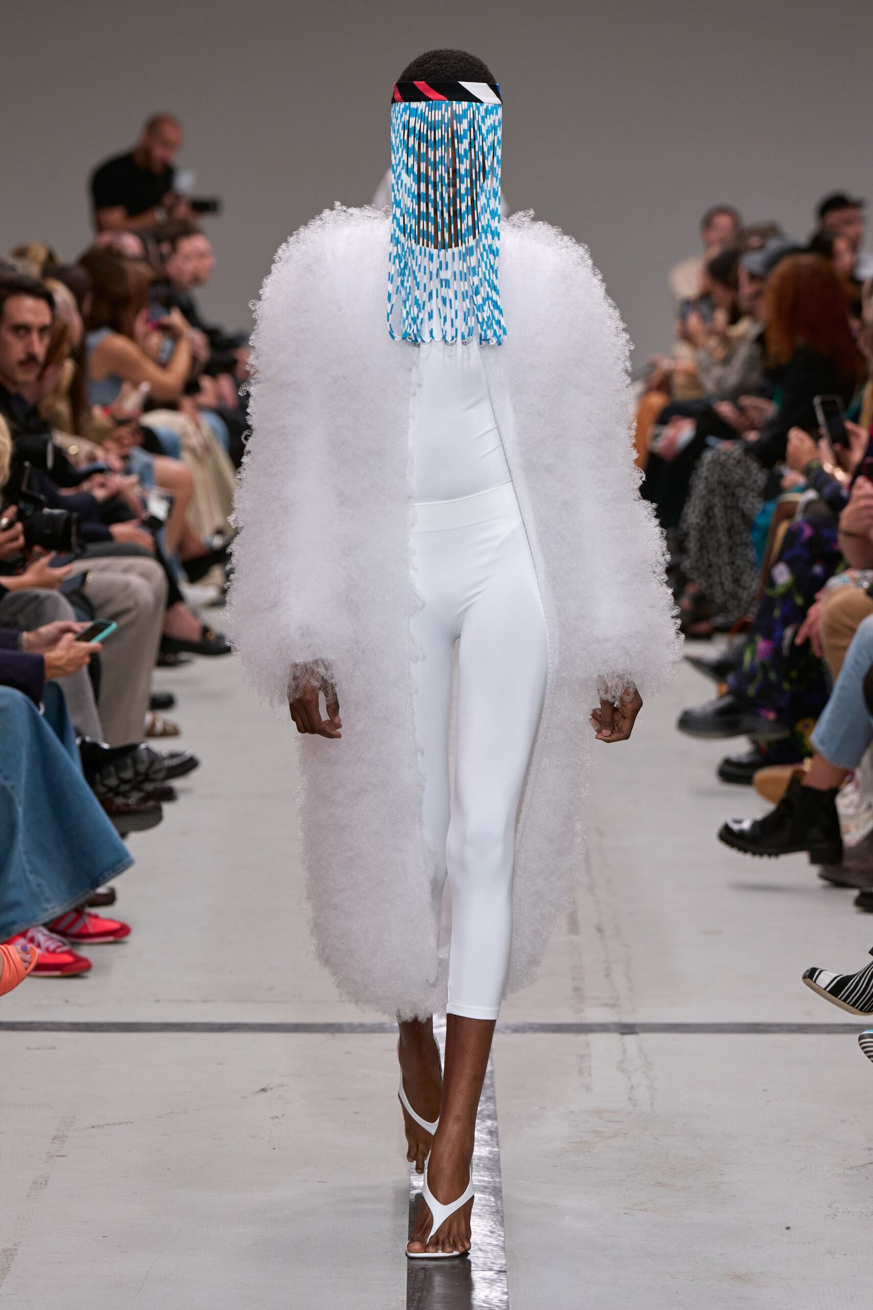 white fur long-sleeve oversized fringed midi coat