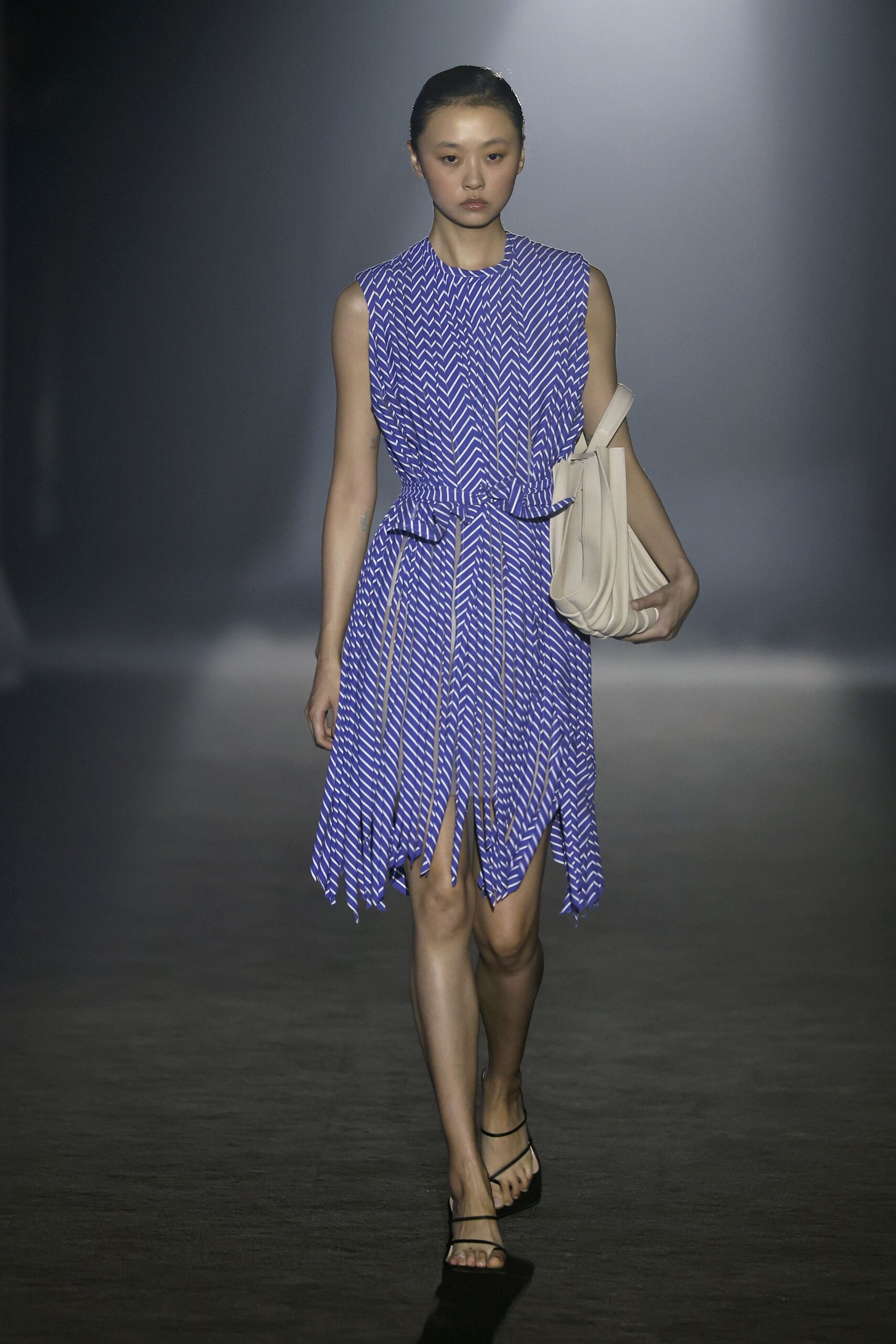 blue and white pleated dress