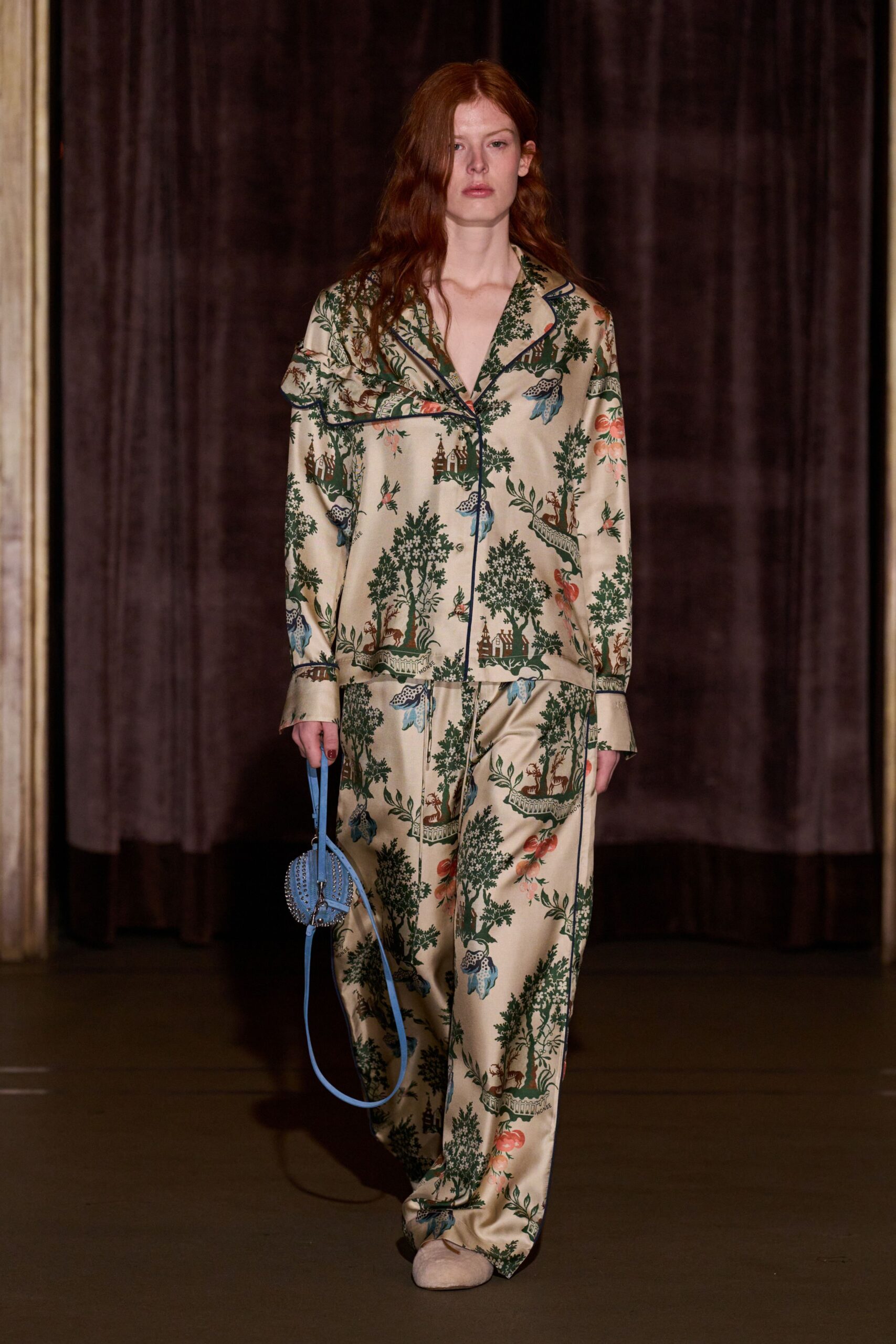 beige printed silk shirt and pants