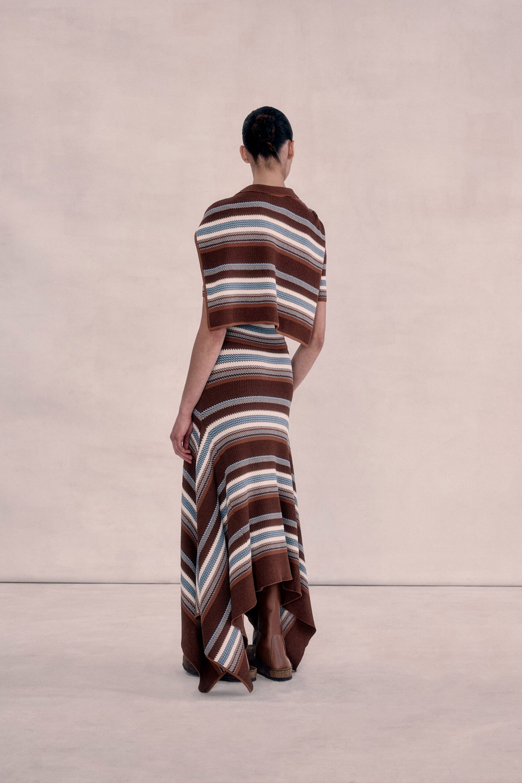 brown cotton sleeveless high-neck fitted striped tiered dress
