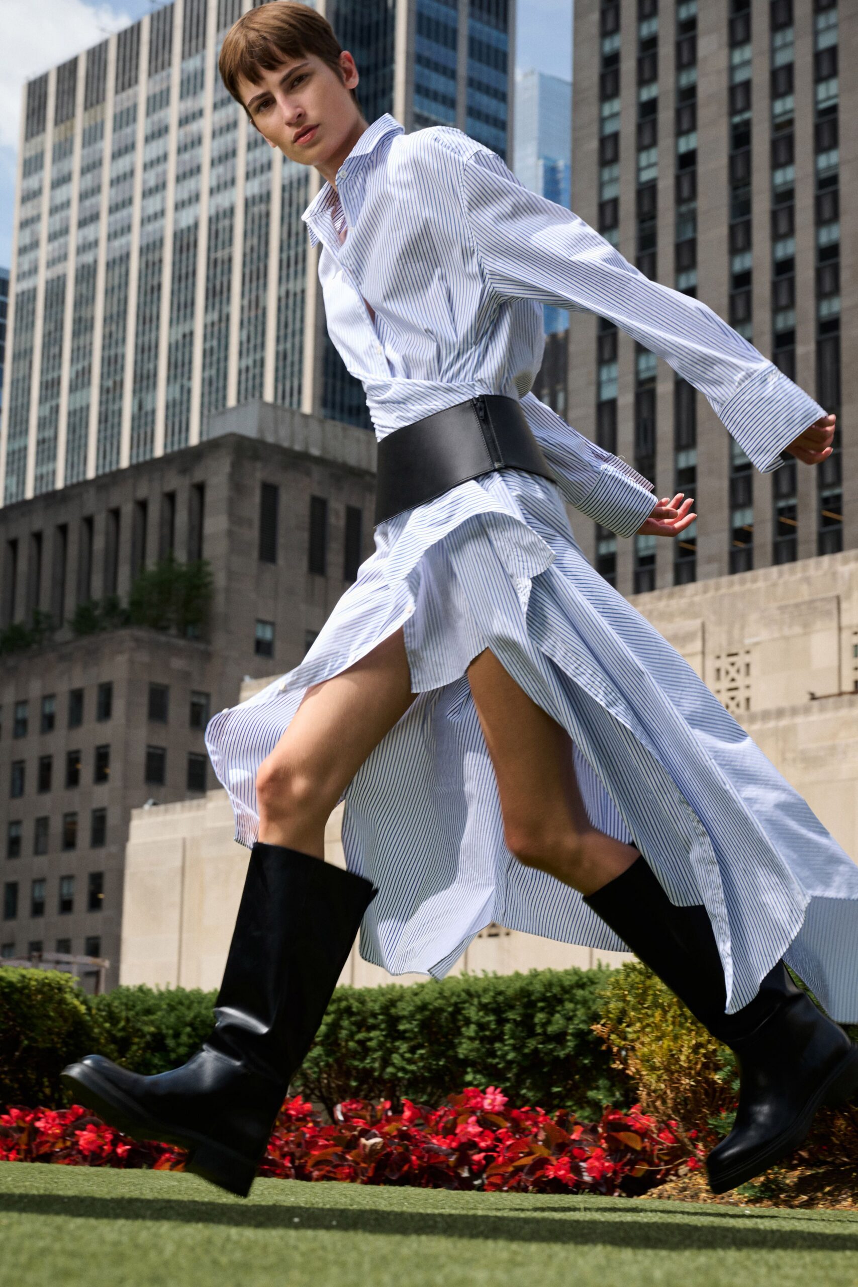 blue and white striped shirt-dress with black belt