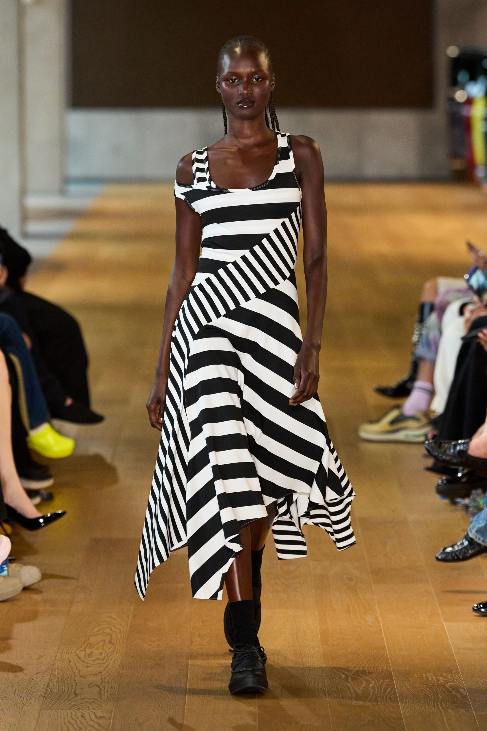 black and white striped midi dress