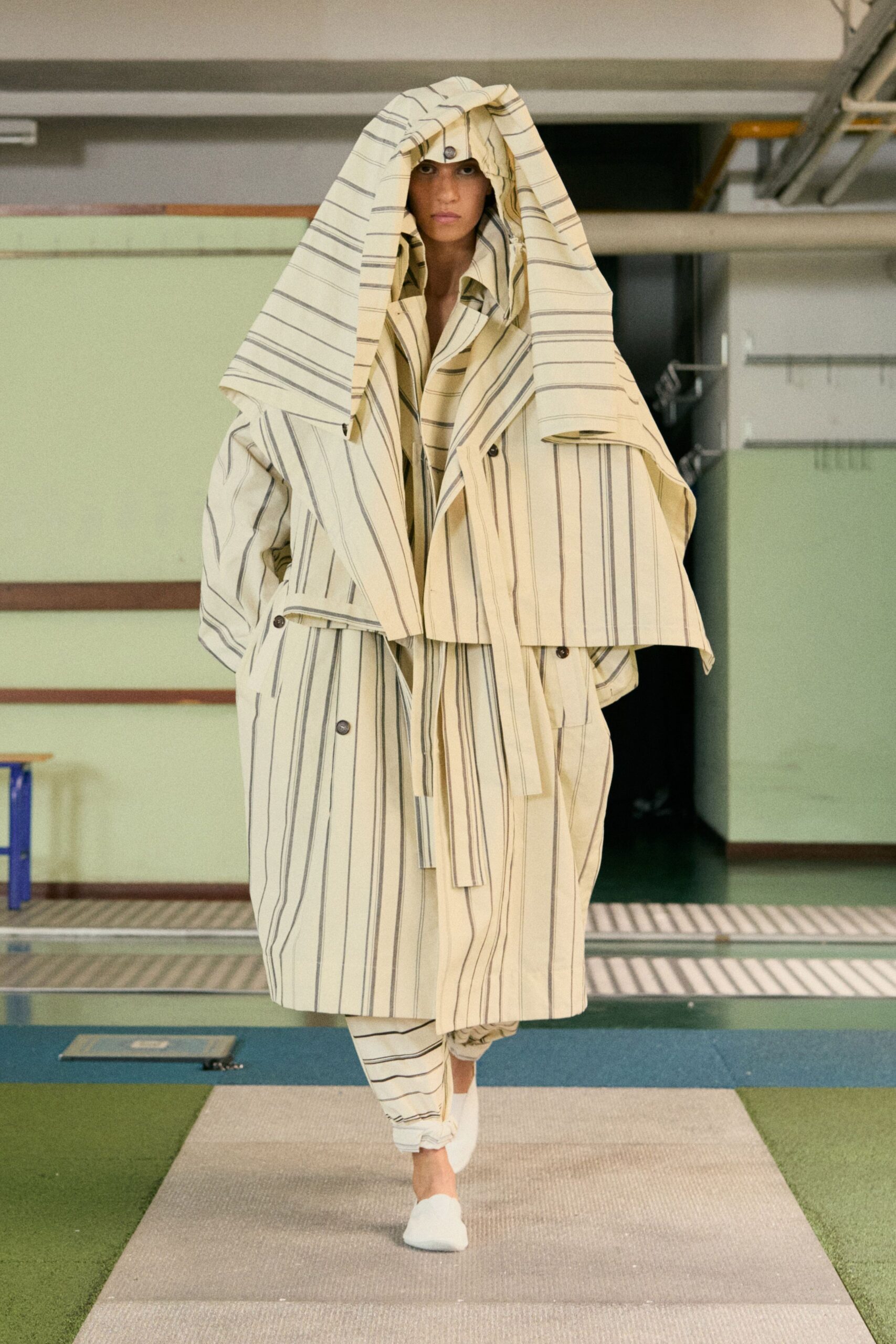 beige cotton long-sleeve collared oversized striped belted coat