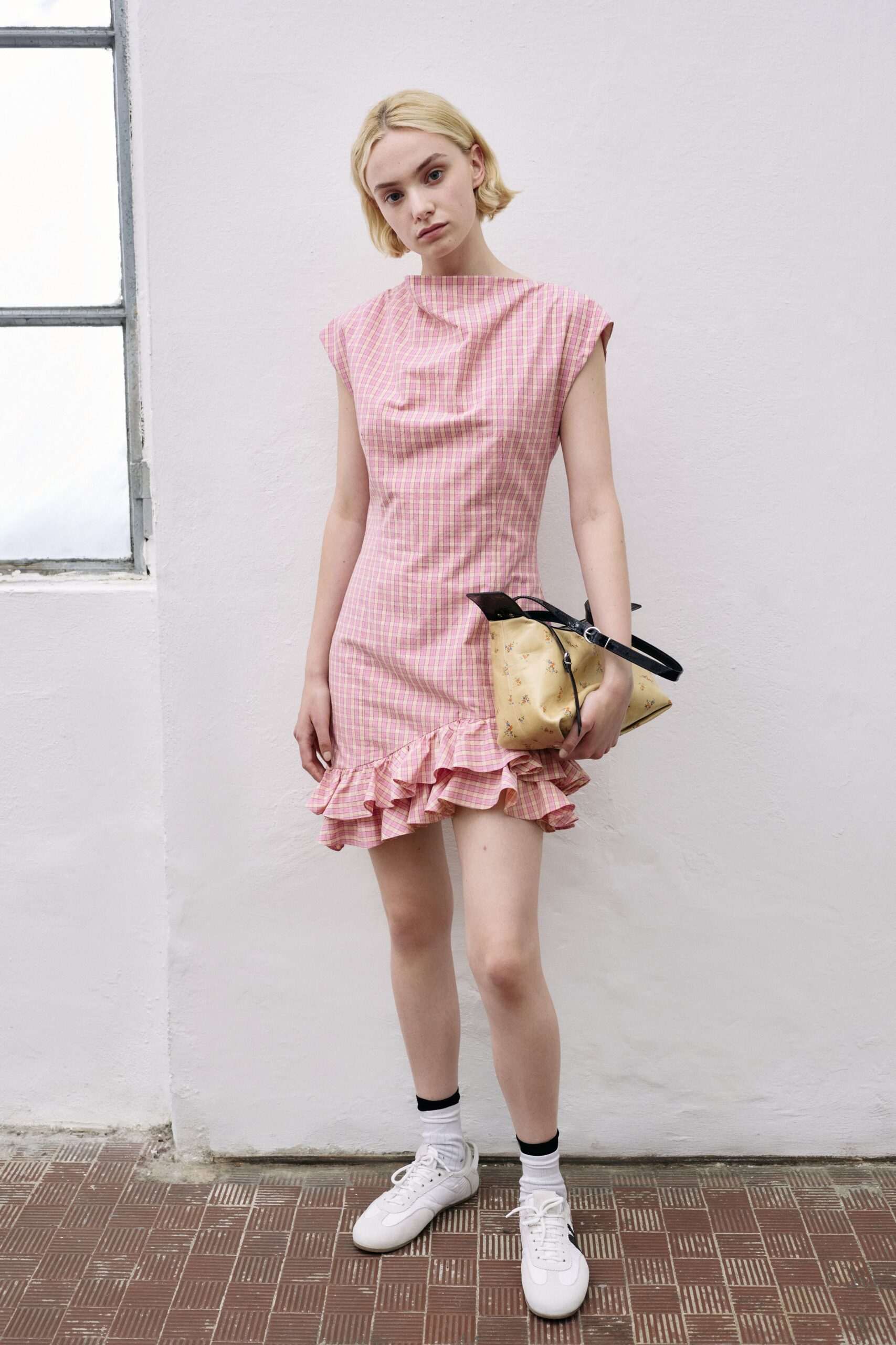 pink cotton sleeveless high-neck fitted checked ruffled dress