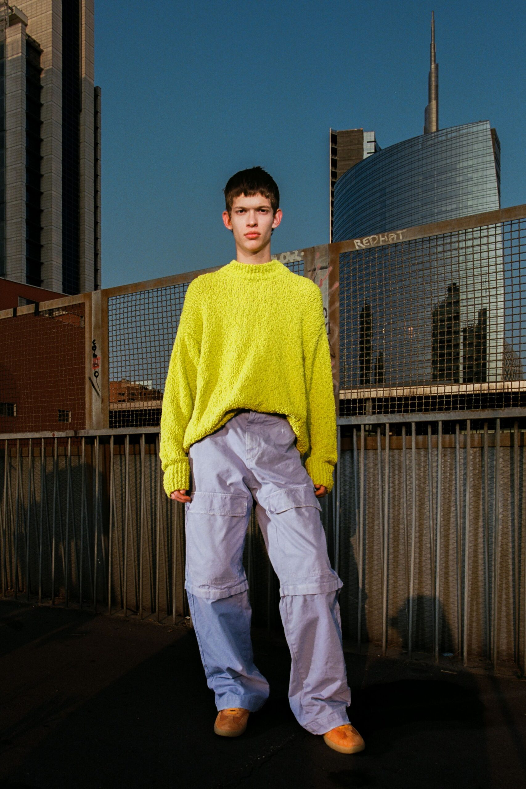 yellow oversized sweater blue cargo pants