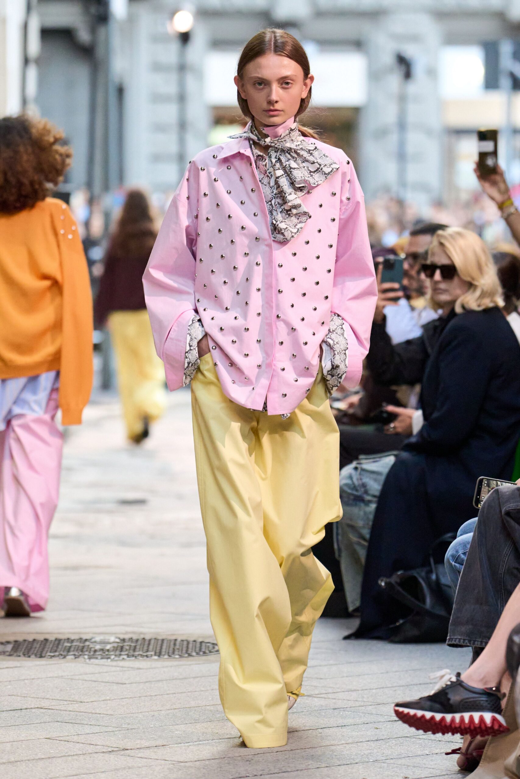 pink long-sleeve collared relaxed polka-dot shirt