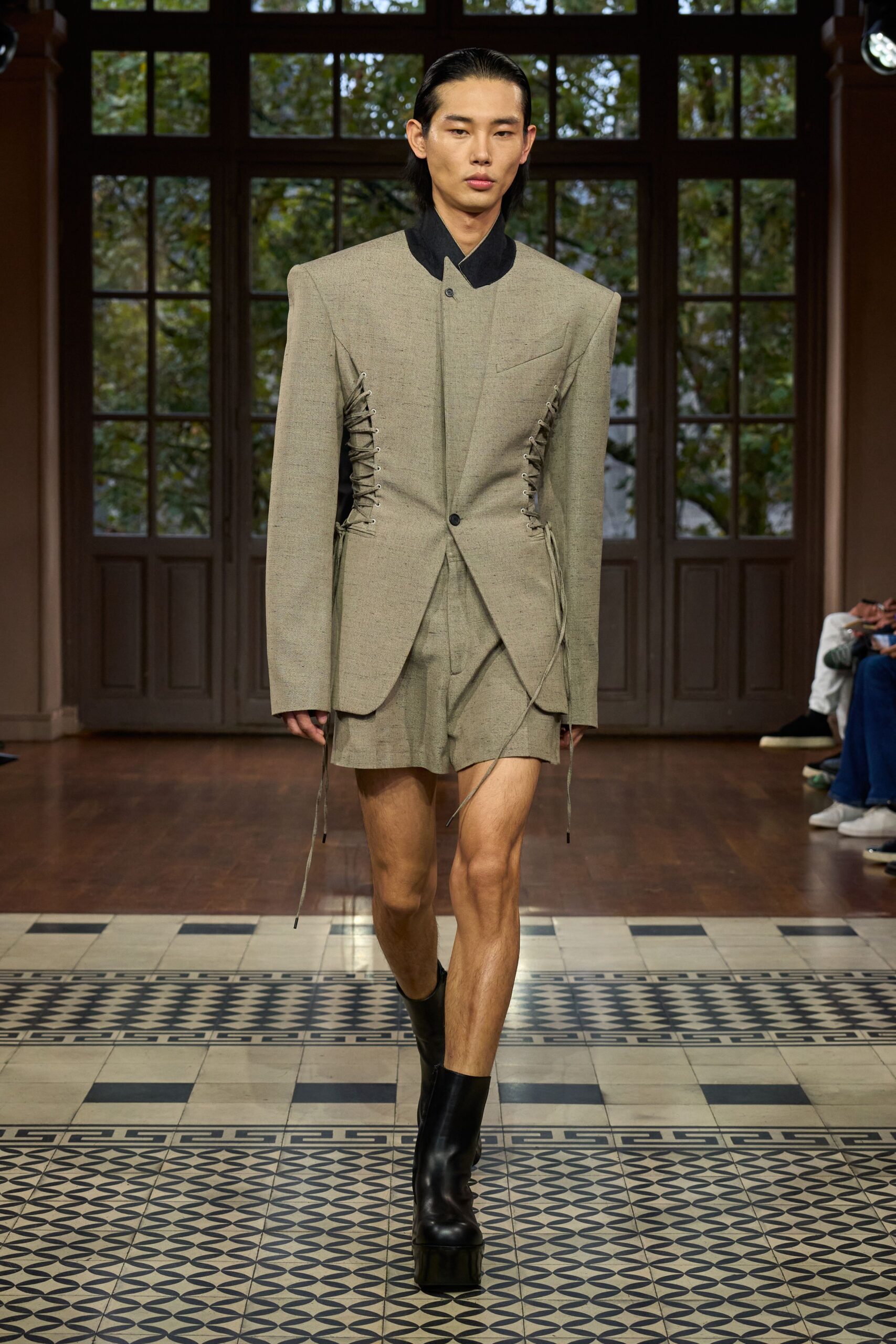 beige wool long-sleeve collared structured zippered blazer
