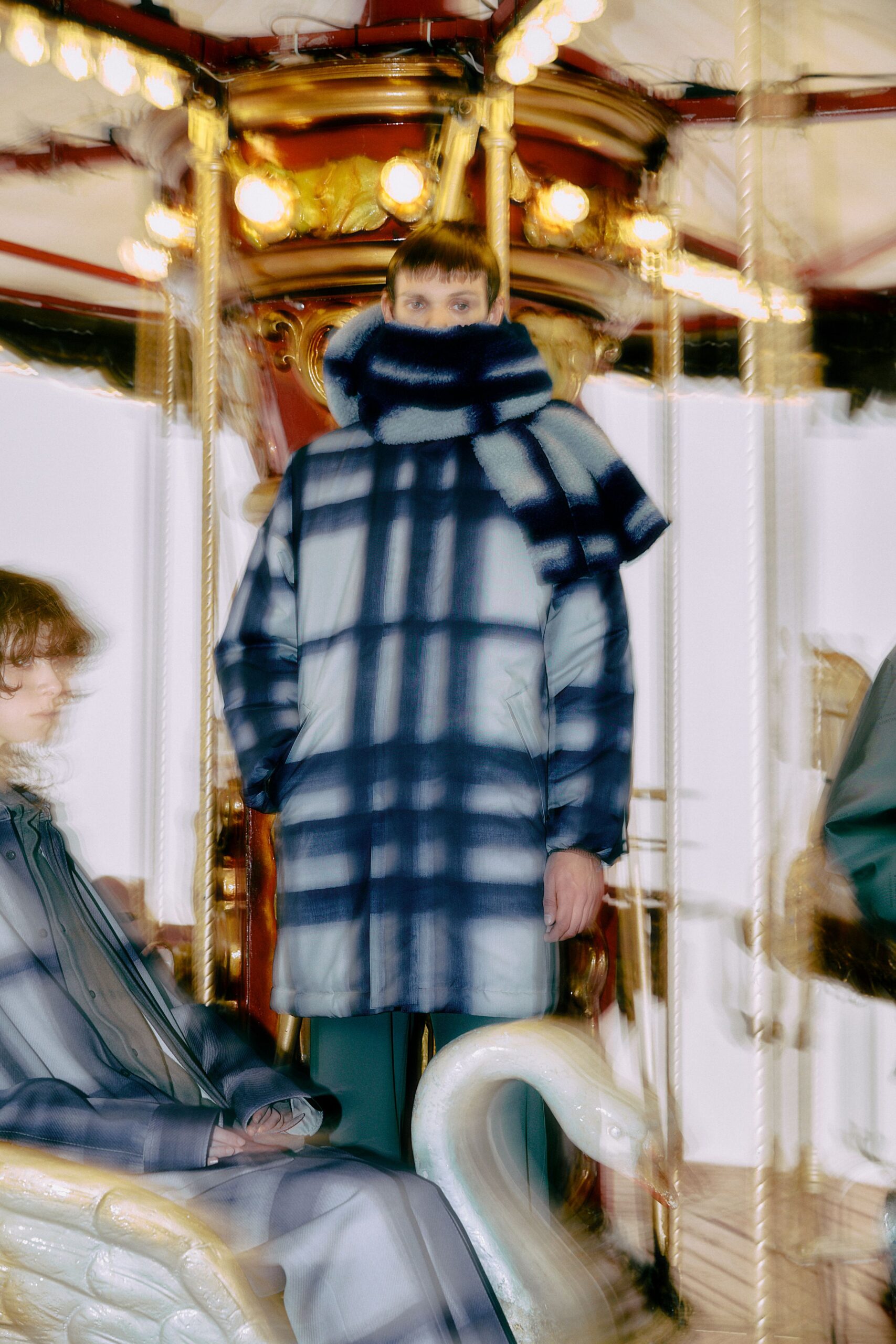 blue gray checked coat with scarf