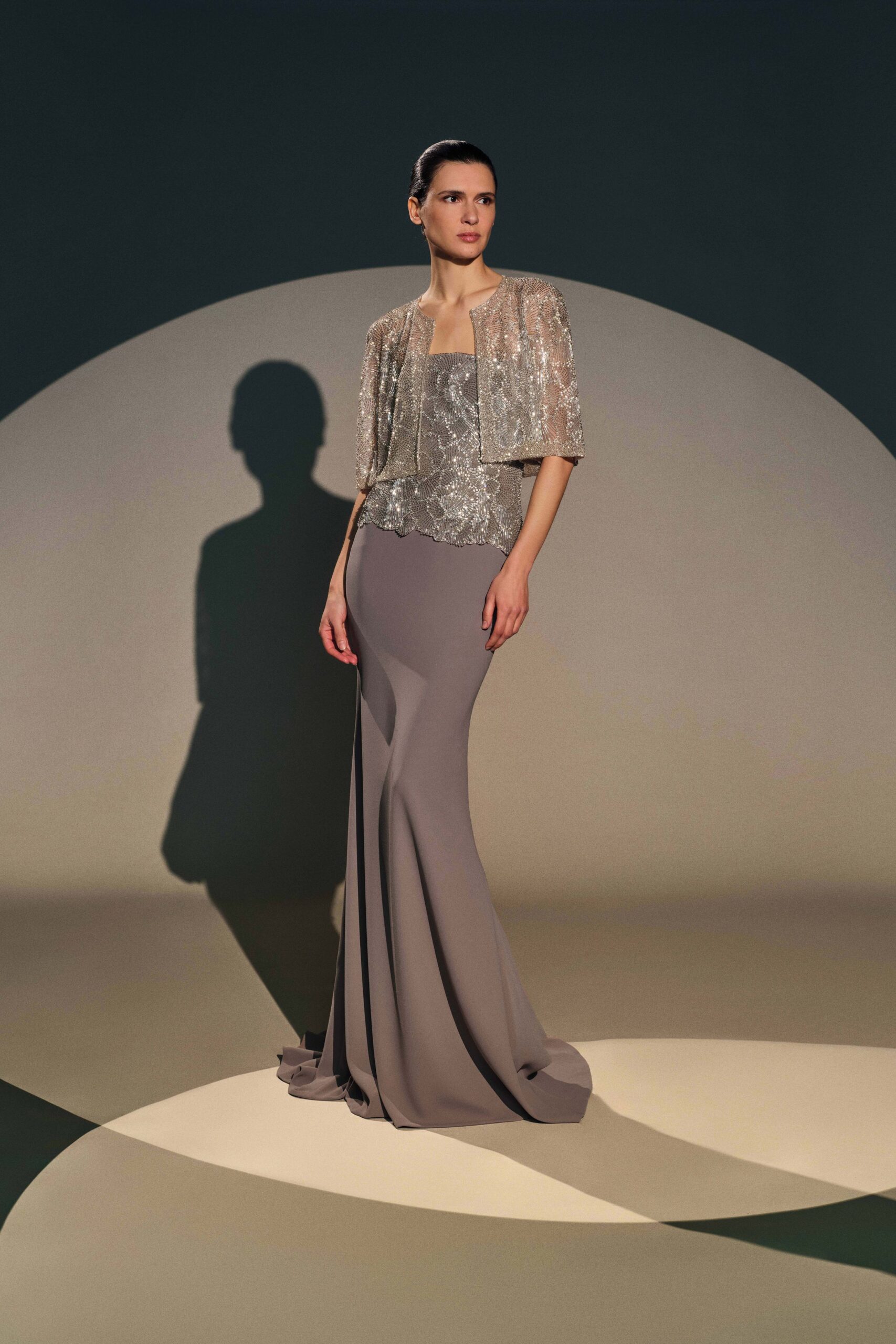 gray lace short-sleeve structured embellished shiny jacket