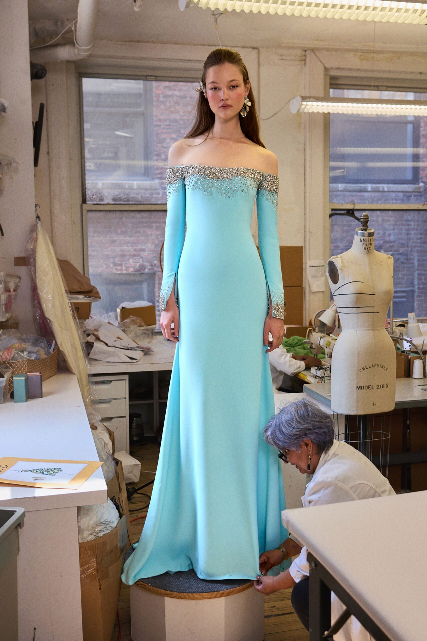 blue silk off-shoulder gown