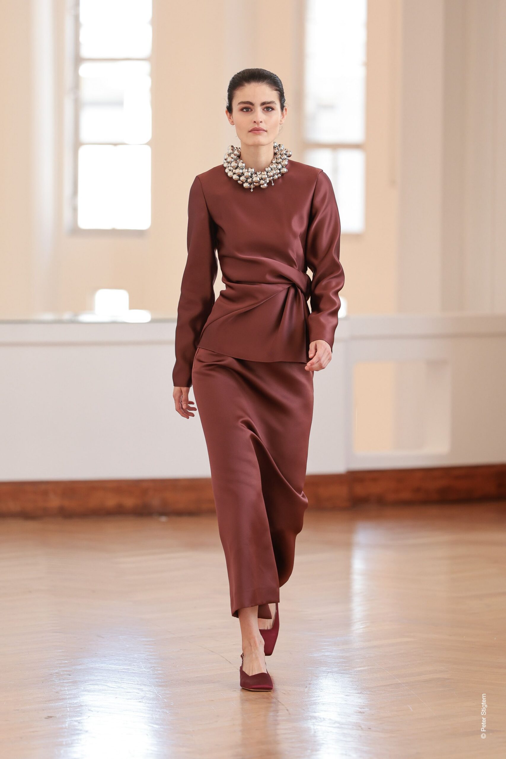 brown silk long-sleeve v-neck fitted draped shiny dress