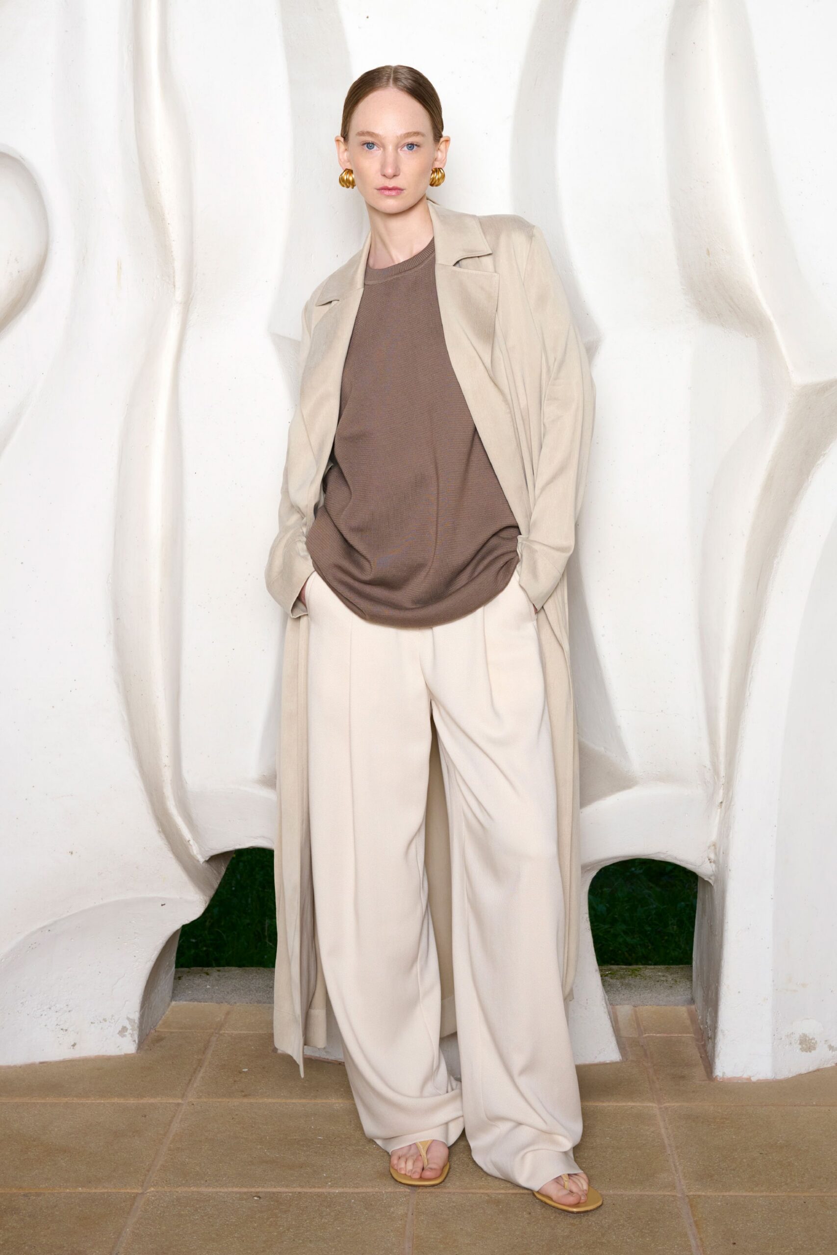 beige cotton long-sleeve collared relaxed buttoned maxi coat