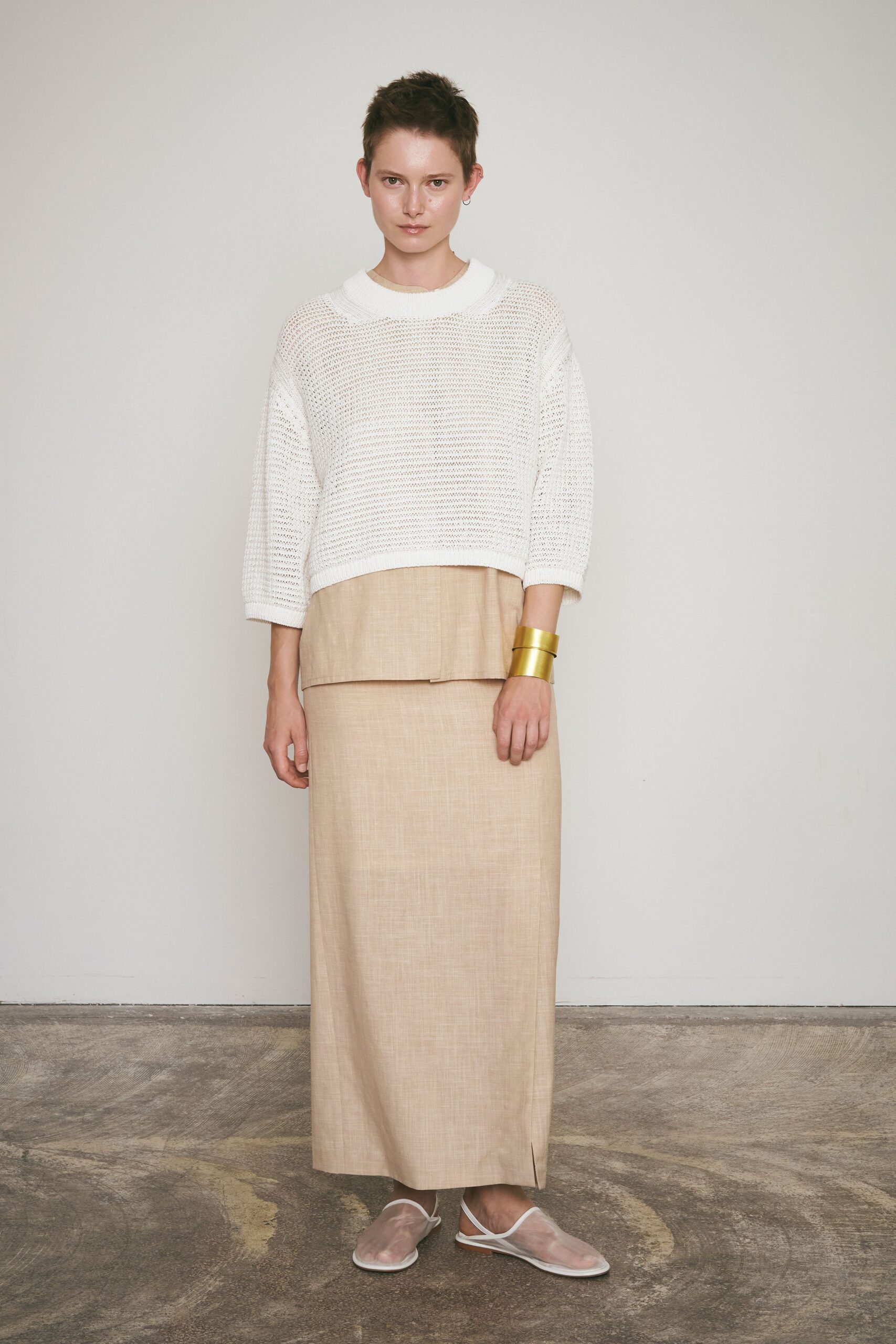 beige linen slit fitted straight-leg maxi skirt