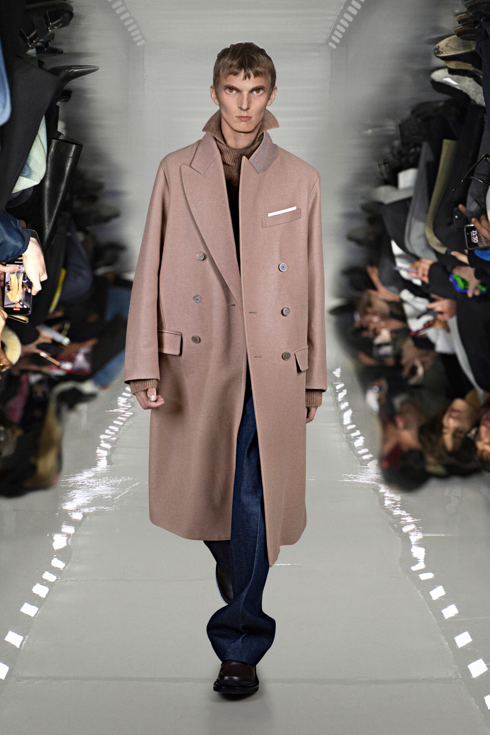 beige wool coat with brown sweater