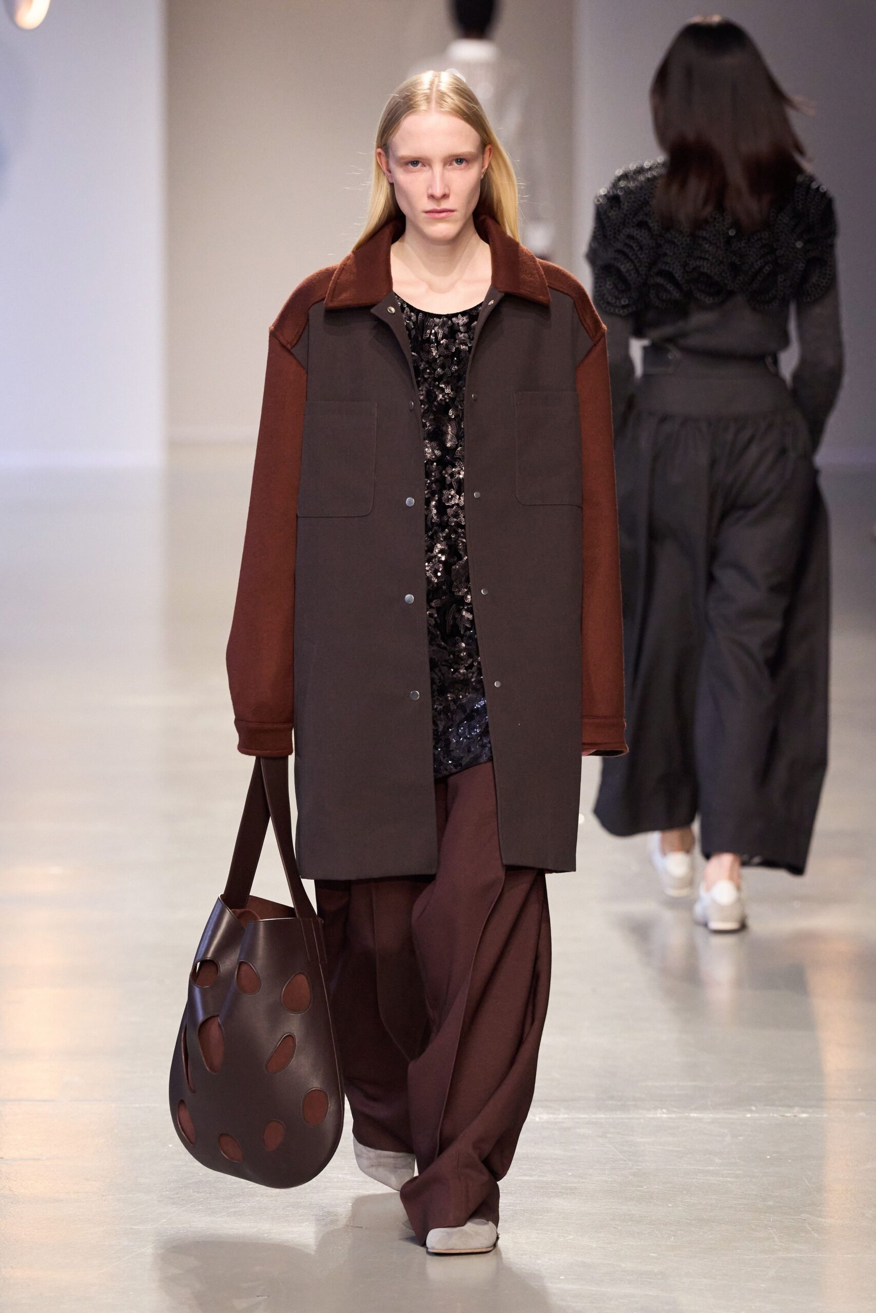 brown relaxed jacket with sequin top