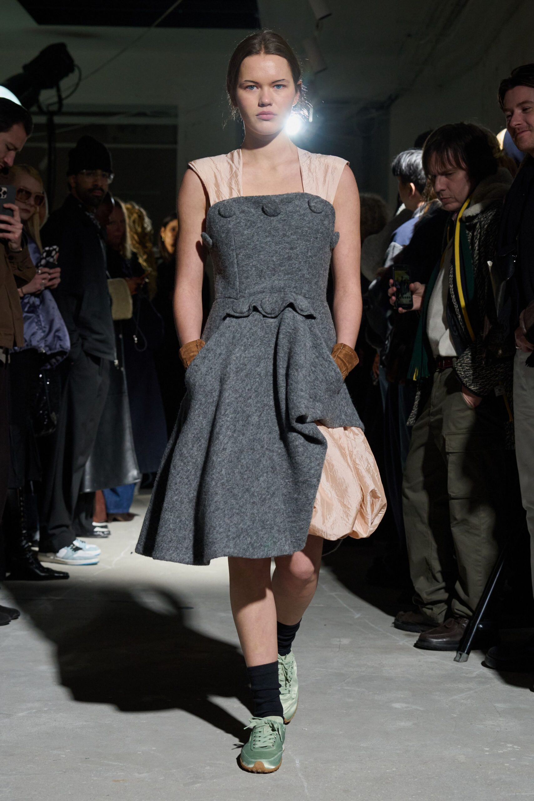 gray wool sleeveless v-neck fitted pleated buttoned dress