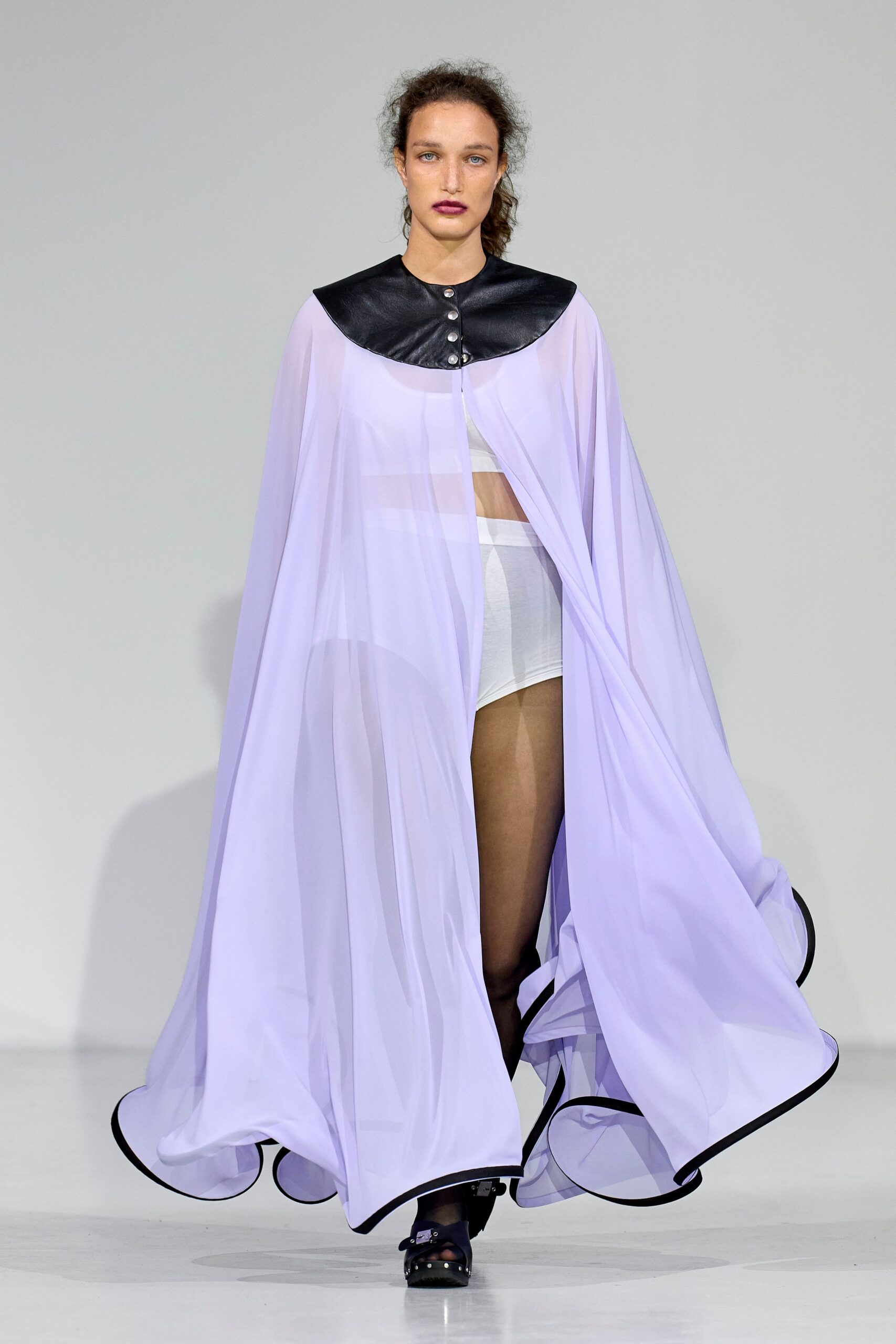 purple chiffon cape with white top