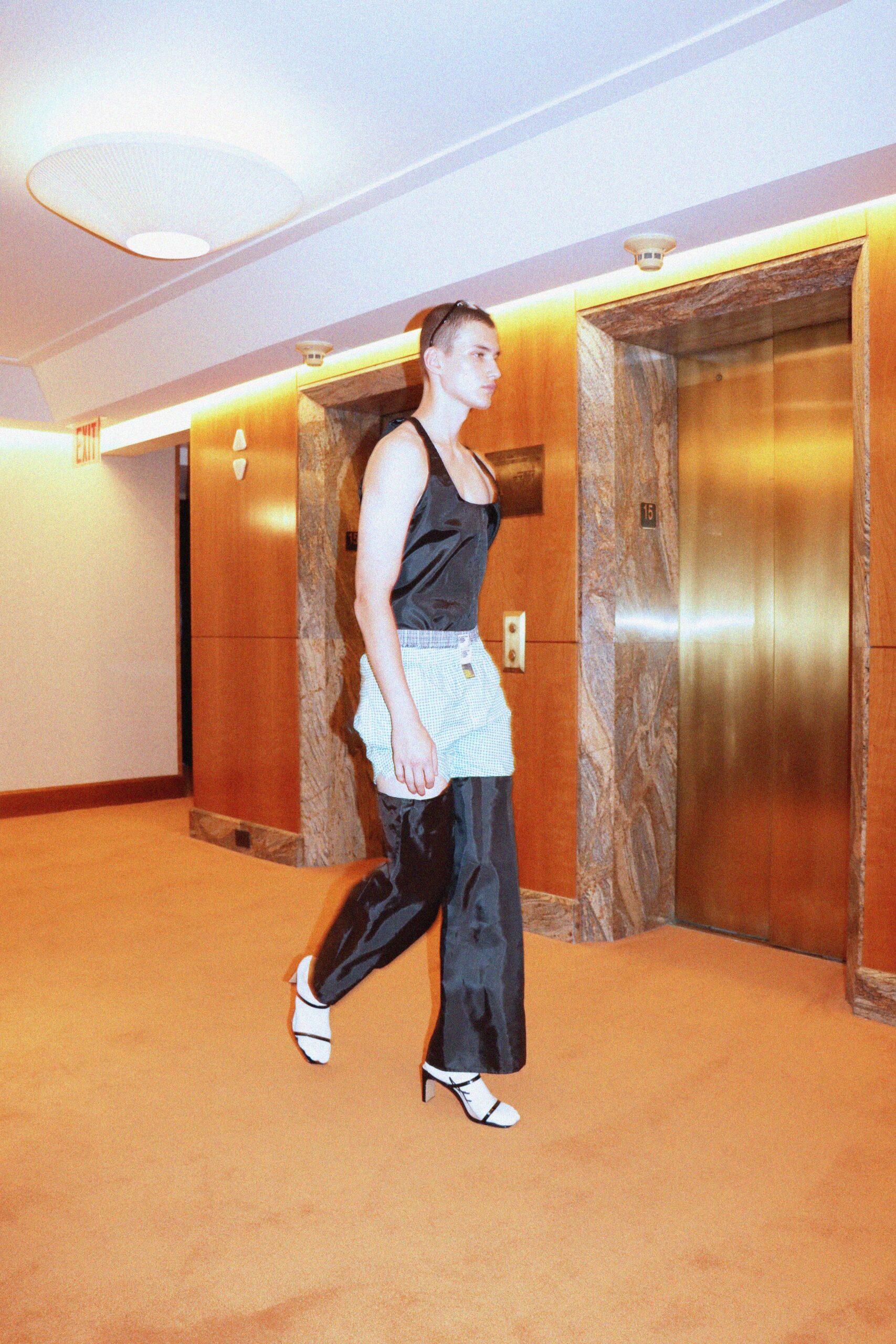 black silk top with blue denim skirt