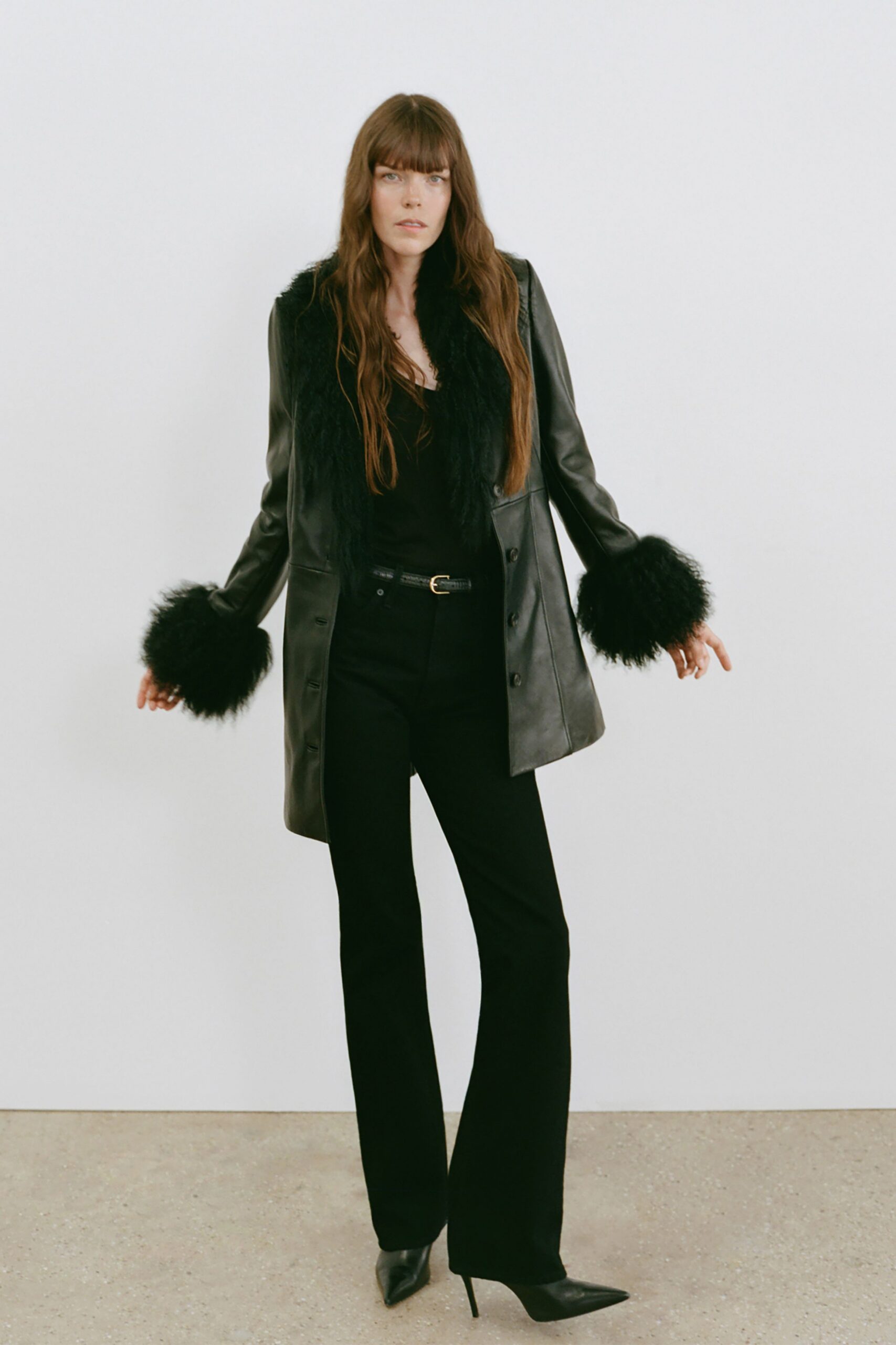 black denim fitted high-waisted flared pants