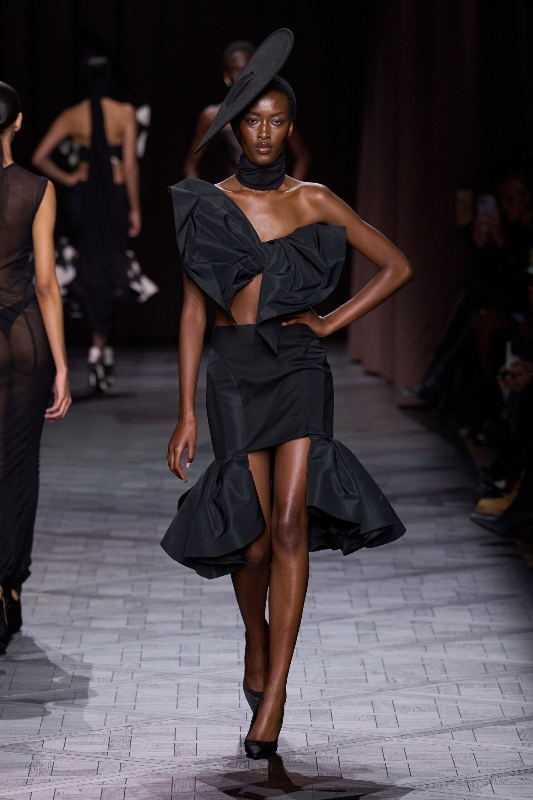 black silk sleeveless off-shoulder fitted ruffled midi dress